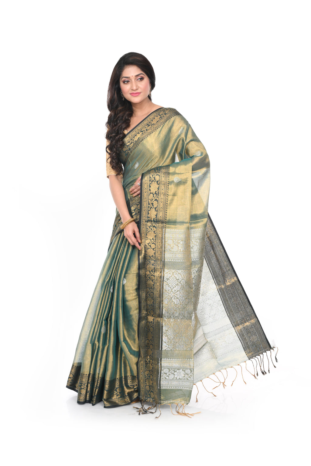 Olive green golden tissue handloom saree