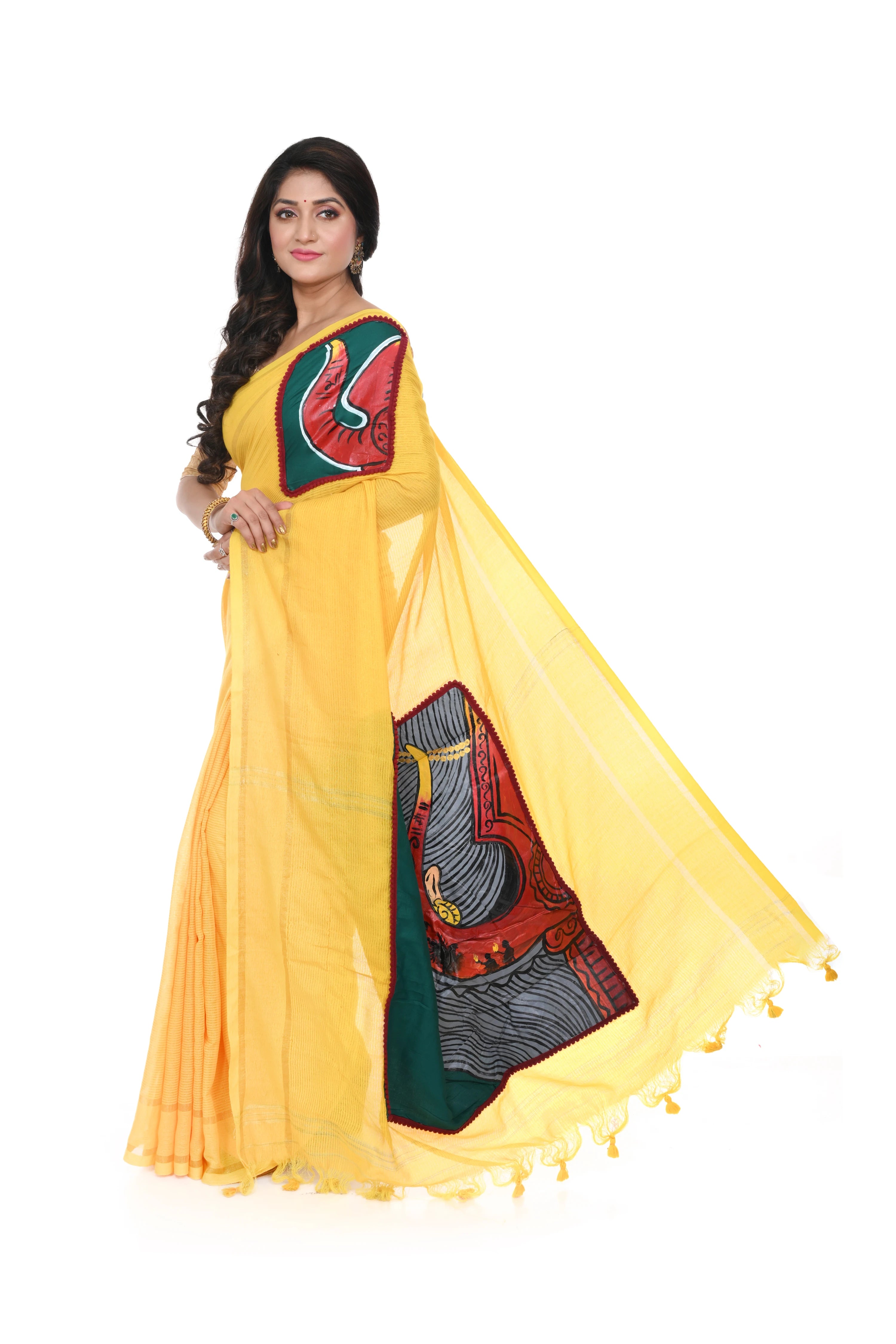 Yellow Handloom Saree with Hand Painted Patch Work