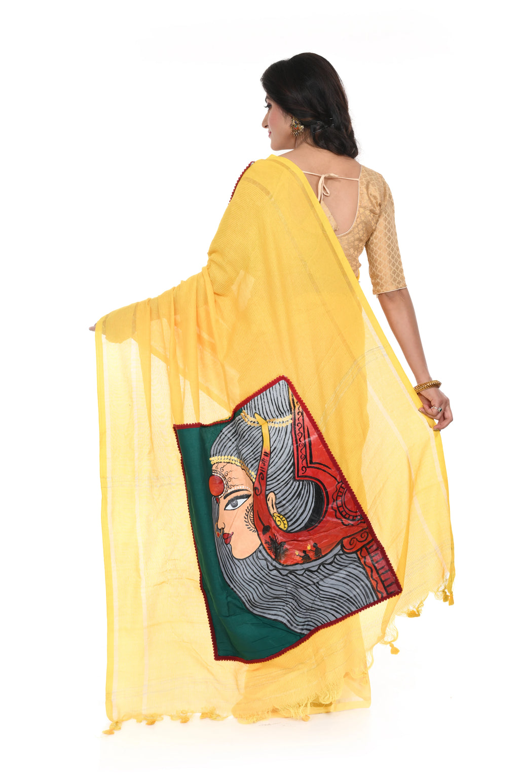Yellow Handloom Saree with Hand Painted Patch Work