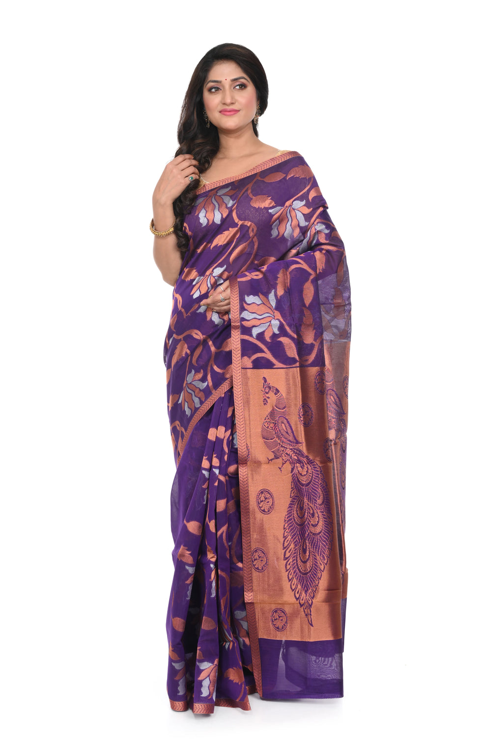 Silk Cotton Saree Violet Blue Colour with Zari Worked