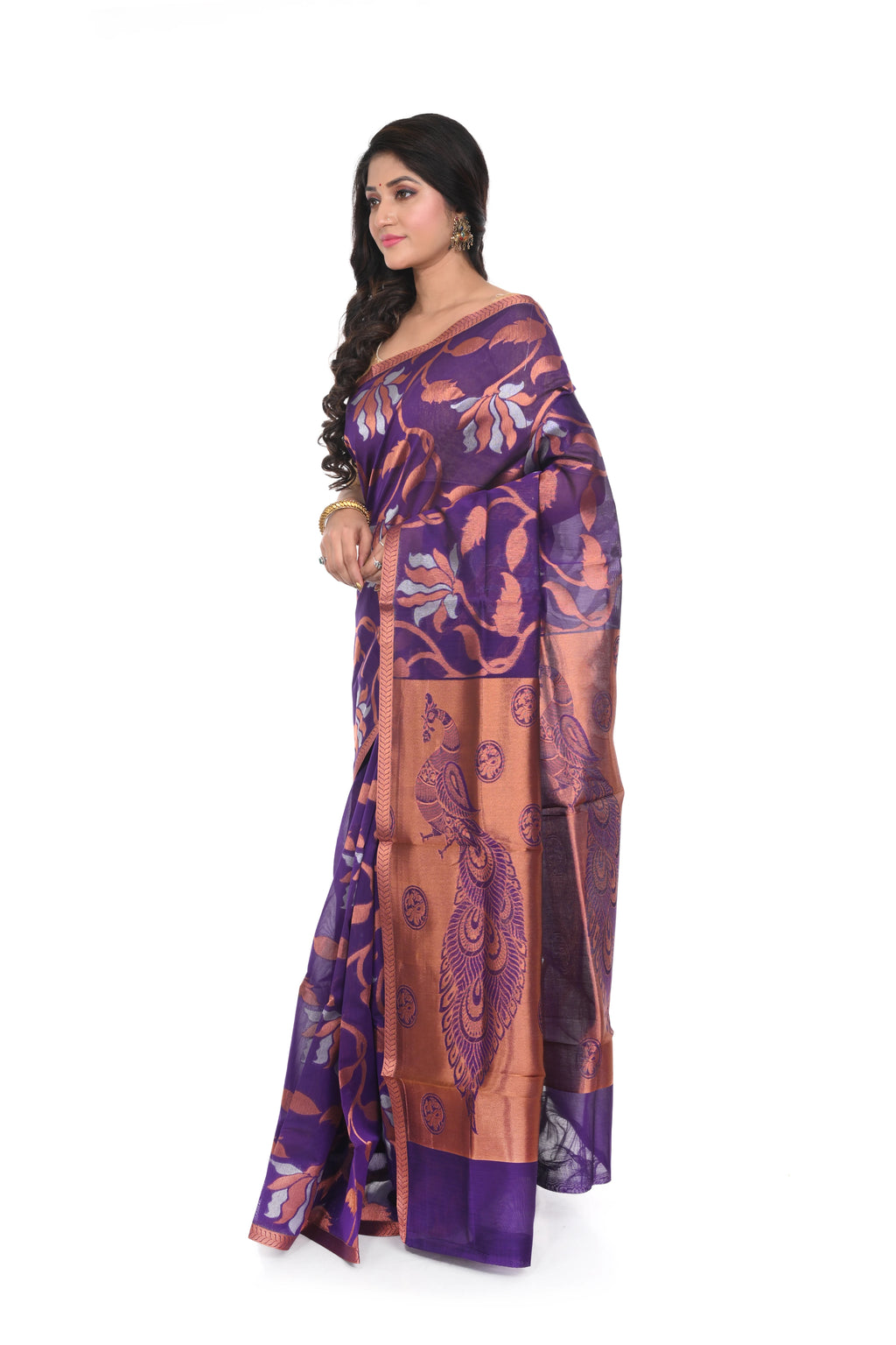 Silk Cotton Saree Violet Blue Colour with Zari Worked