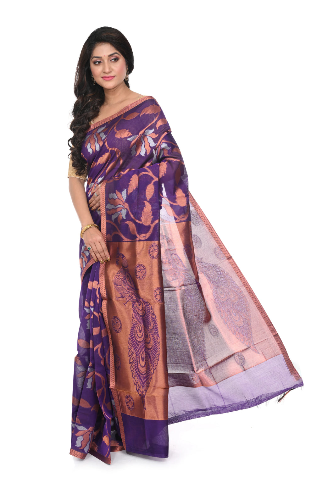 Silk Cotton Saree Violet Blue Colour with Zari Worked