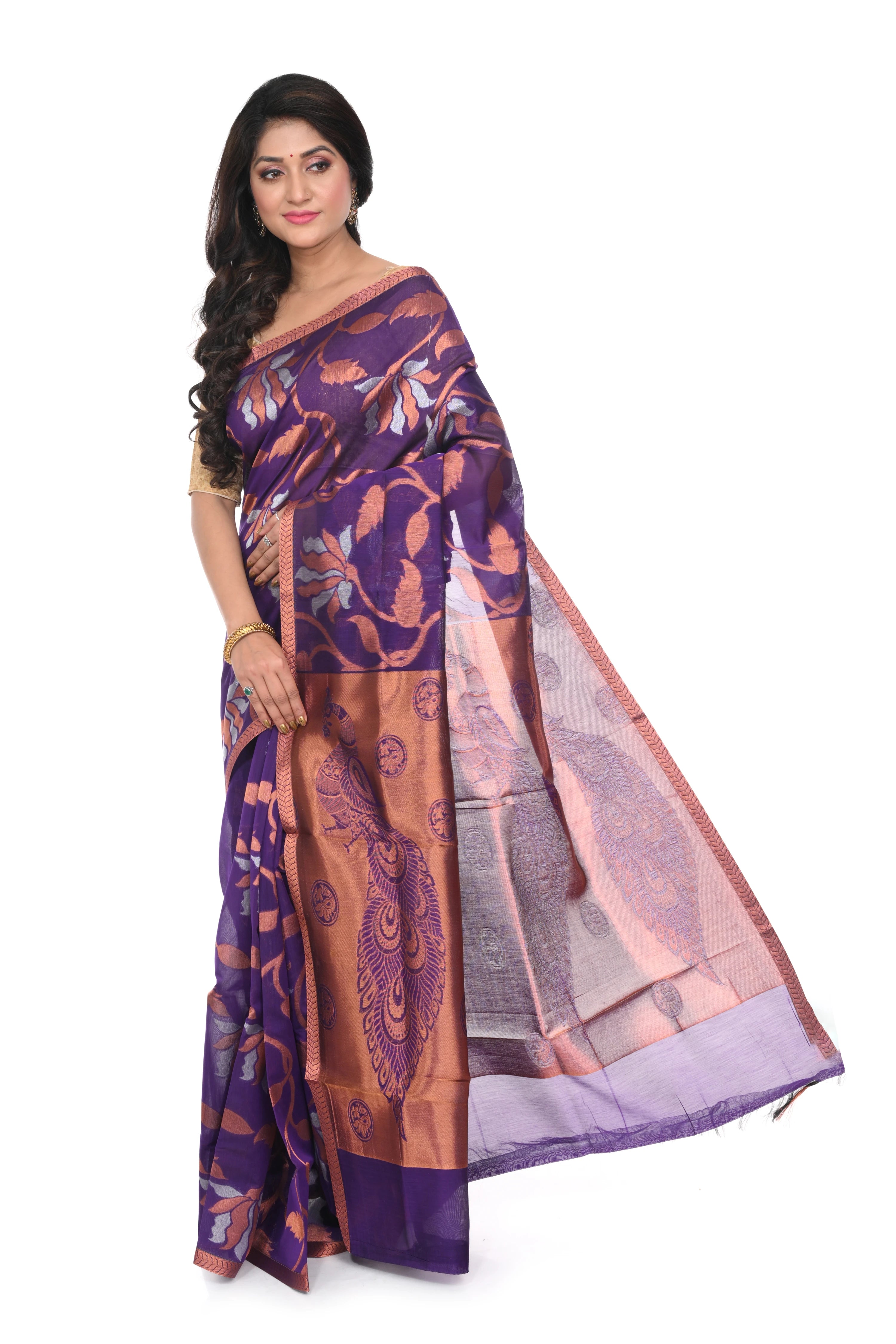 Silk Cotton Saree Violet Blue Colour with Zari Worked