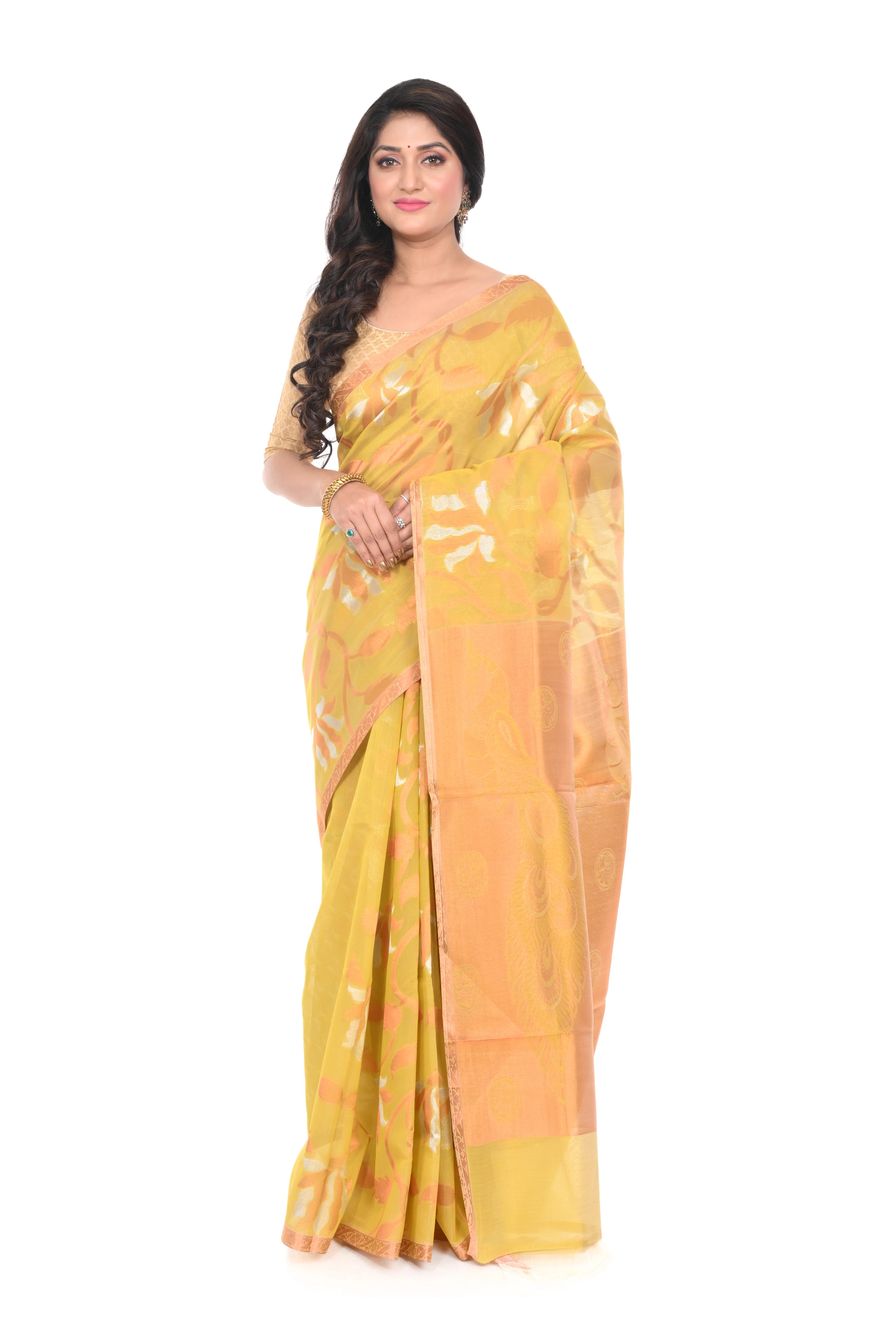 Silk Cotton Zari Worked Golden Coloured Saree