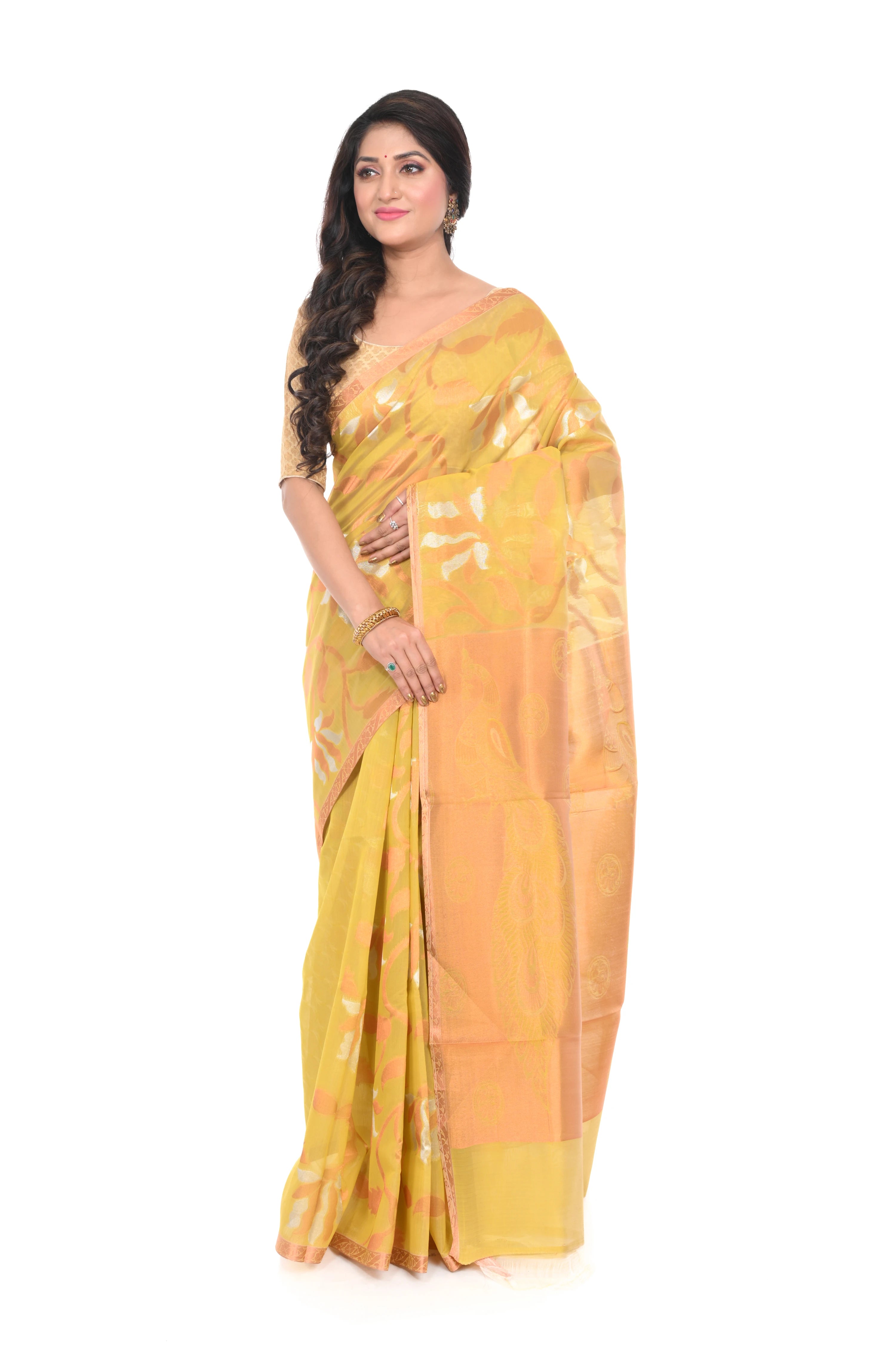 Silk Cotton Zari Worked Golden Coloured Saree