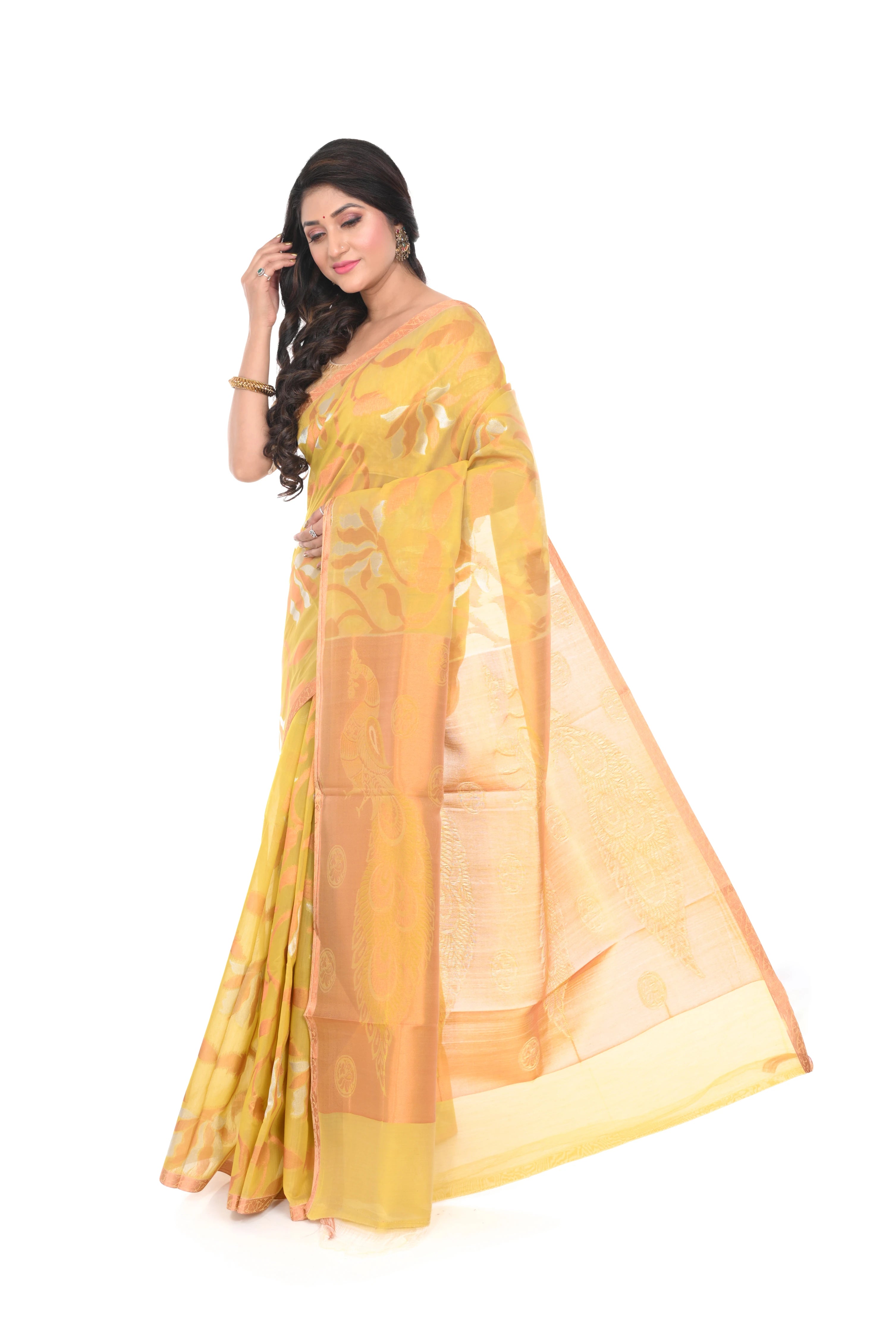Silk Cotton Zari Worked Golden Coloured Saree