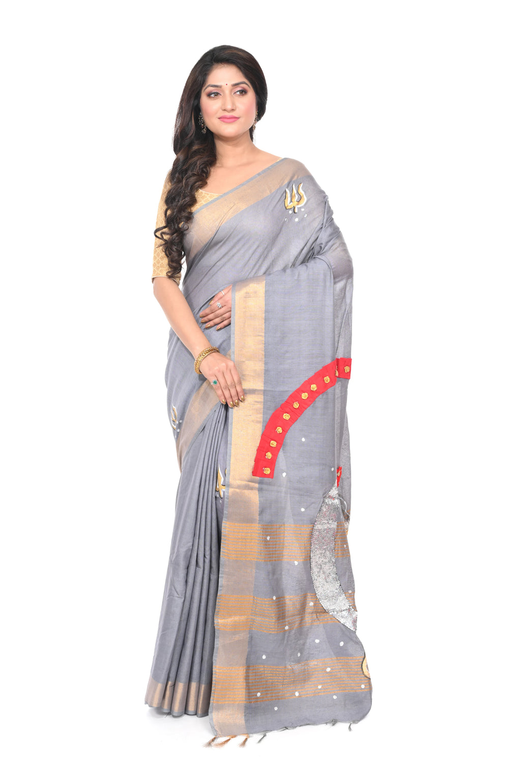Grey Coloured Hand Decorated Semi Tussar Saree with 3D Work