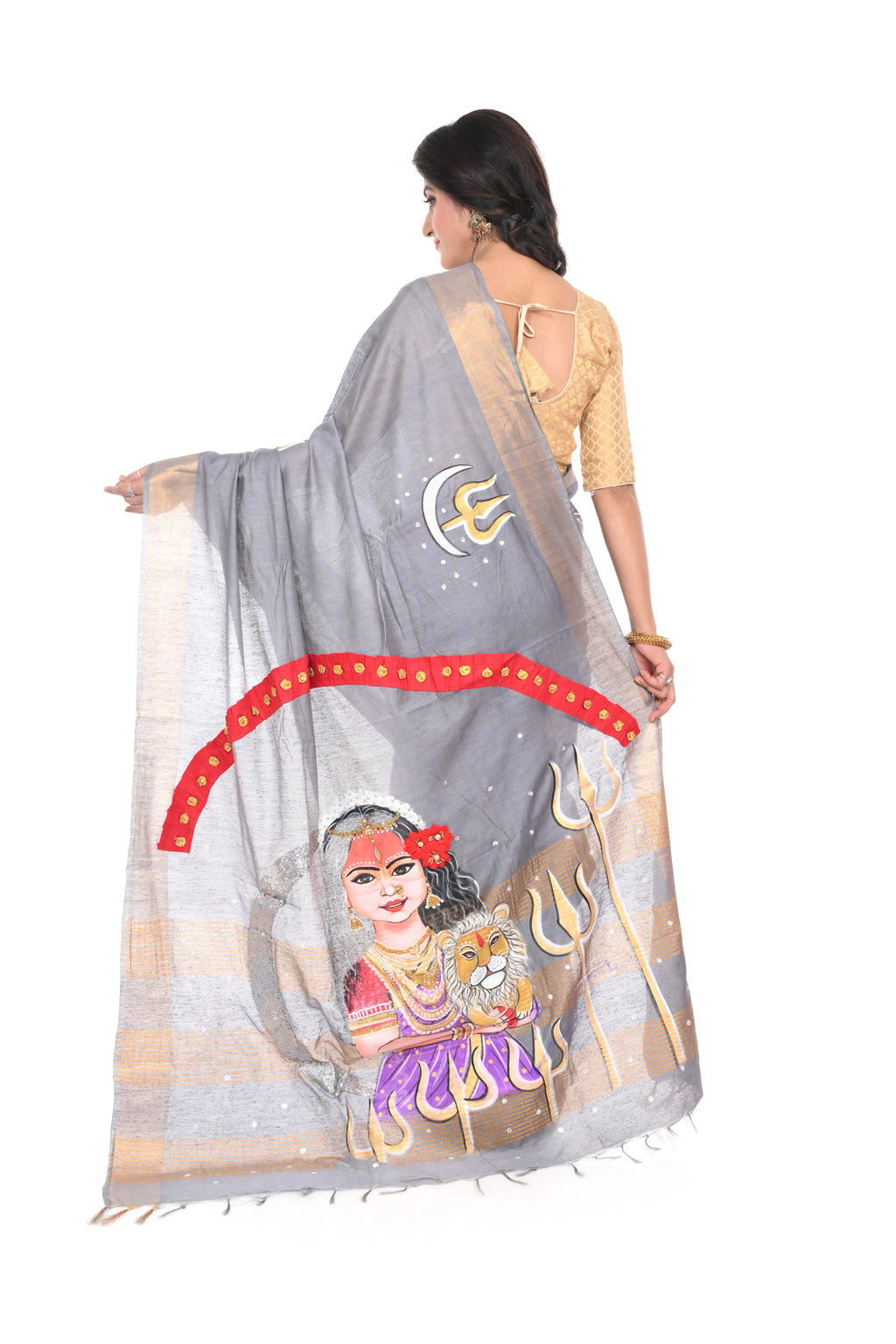 Grey Coloured Hand Decorated Semi Tussar Saree with 3D Work