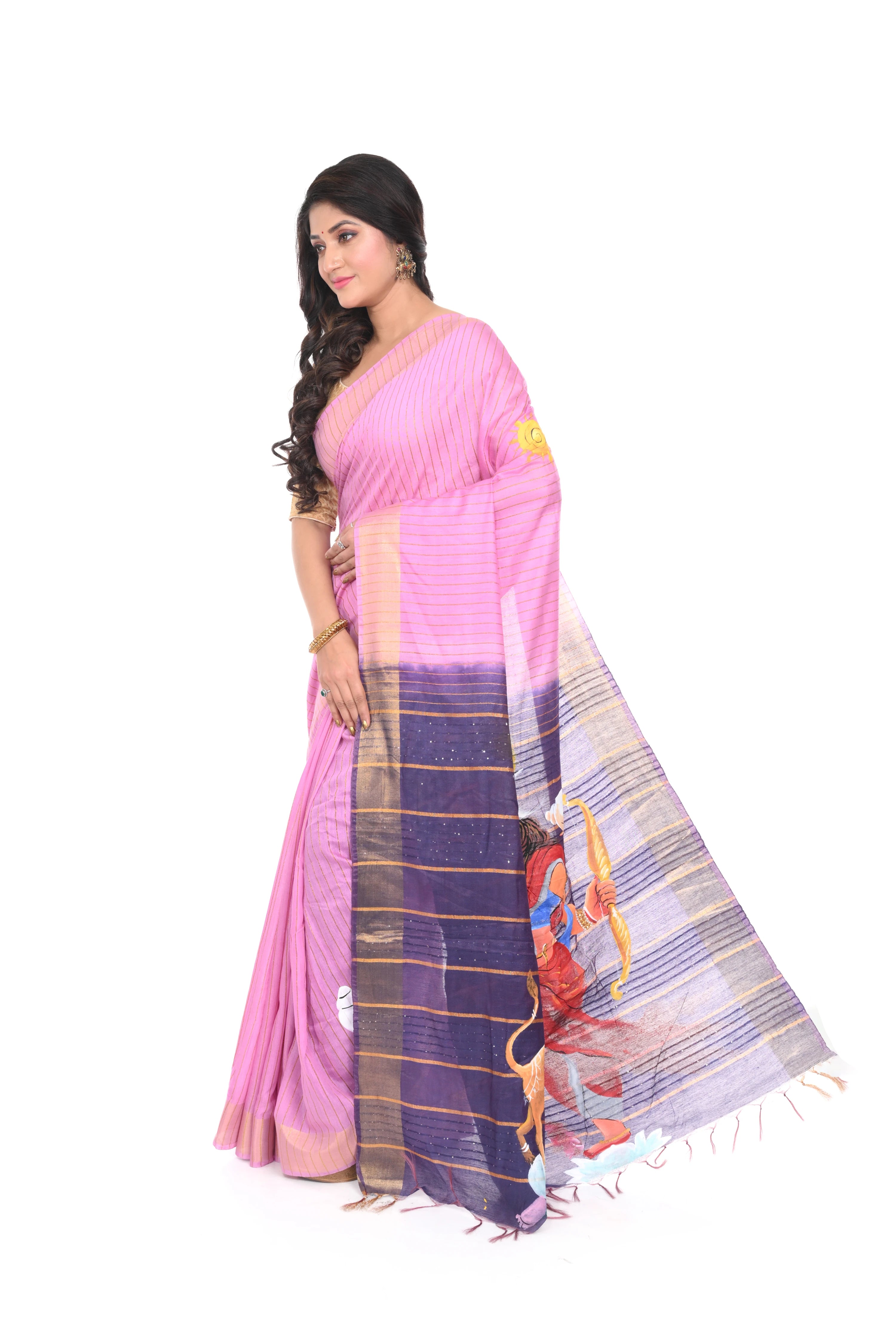 Pink Coloured Semi Tussar Hand Decorated Saree