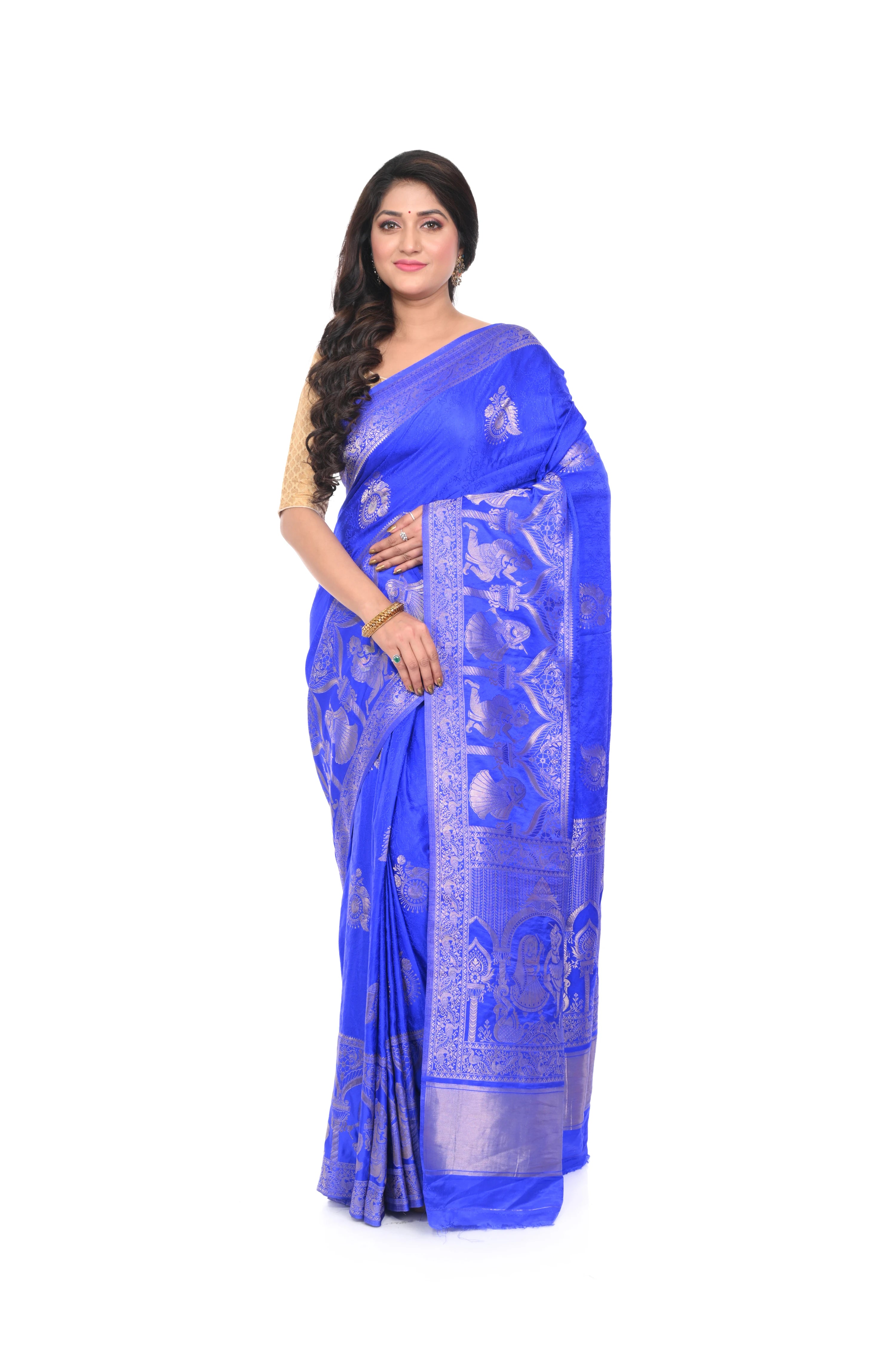Royal Blue Mashru Silk Saree with Zari Border and Pallu