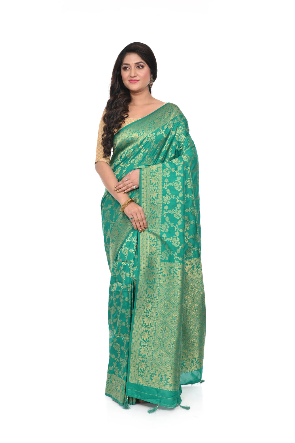 Green Khaddi Silk Saree with All Over Worked