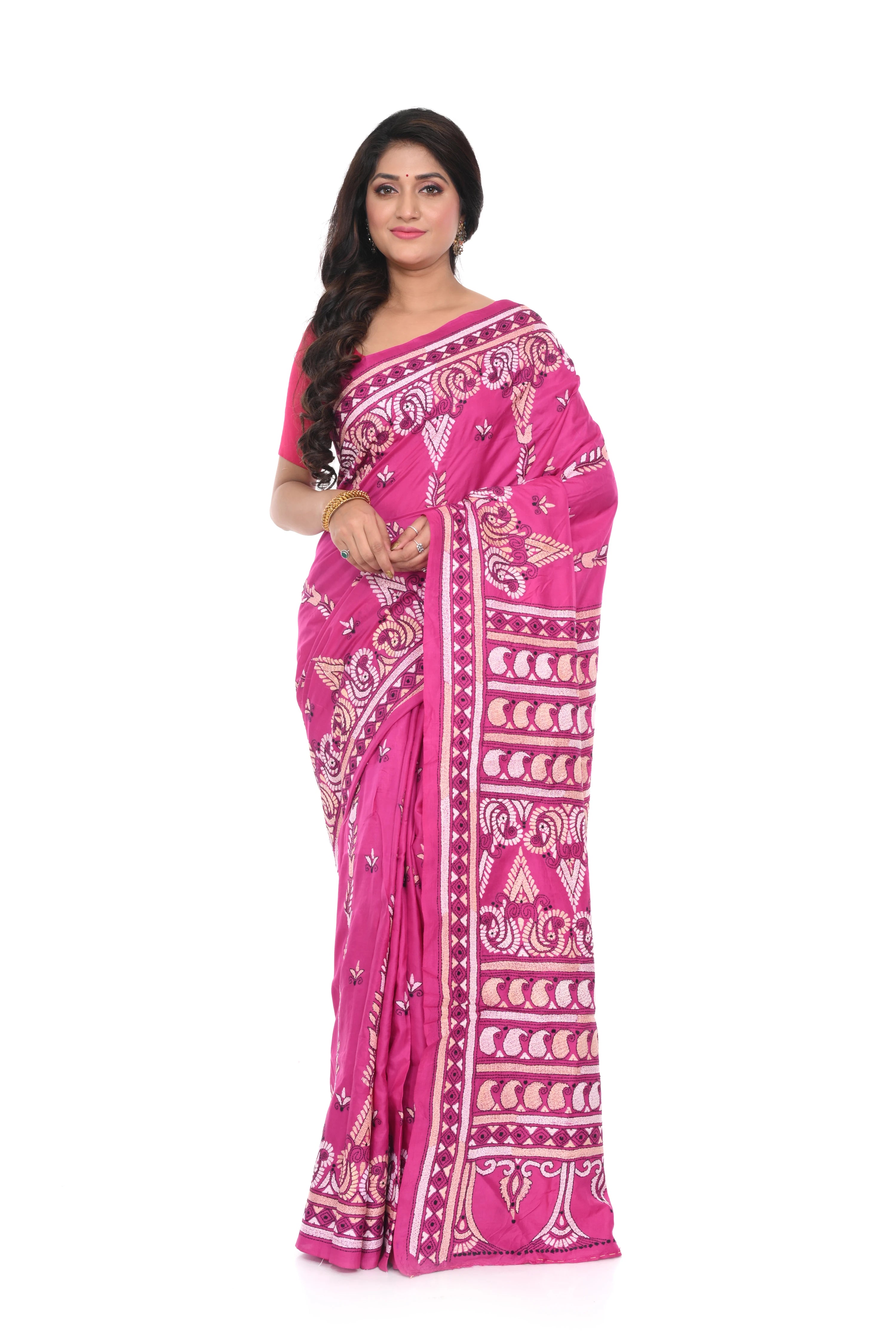 Pink Kantha Pure Silk Saree with Multi Thread Worked