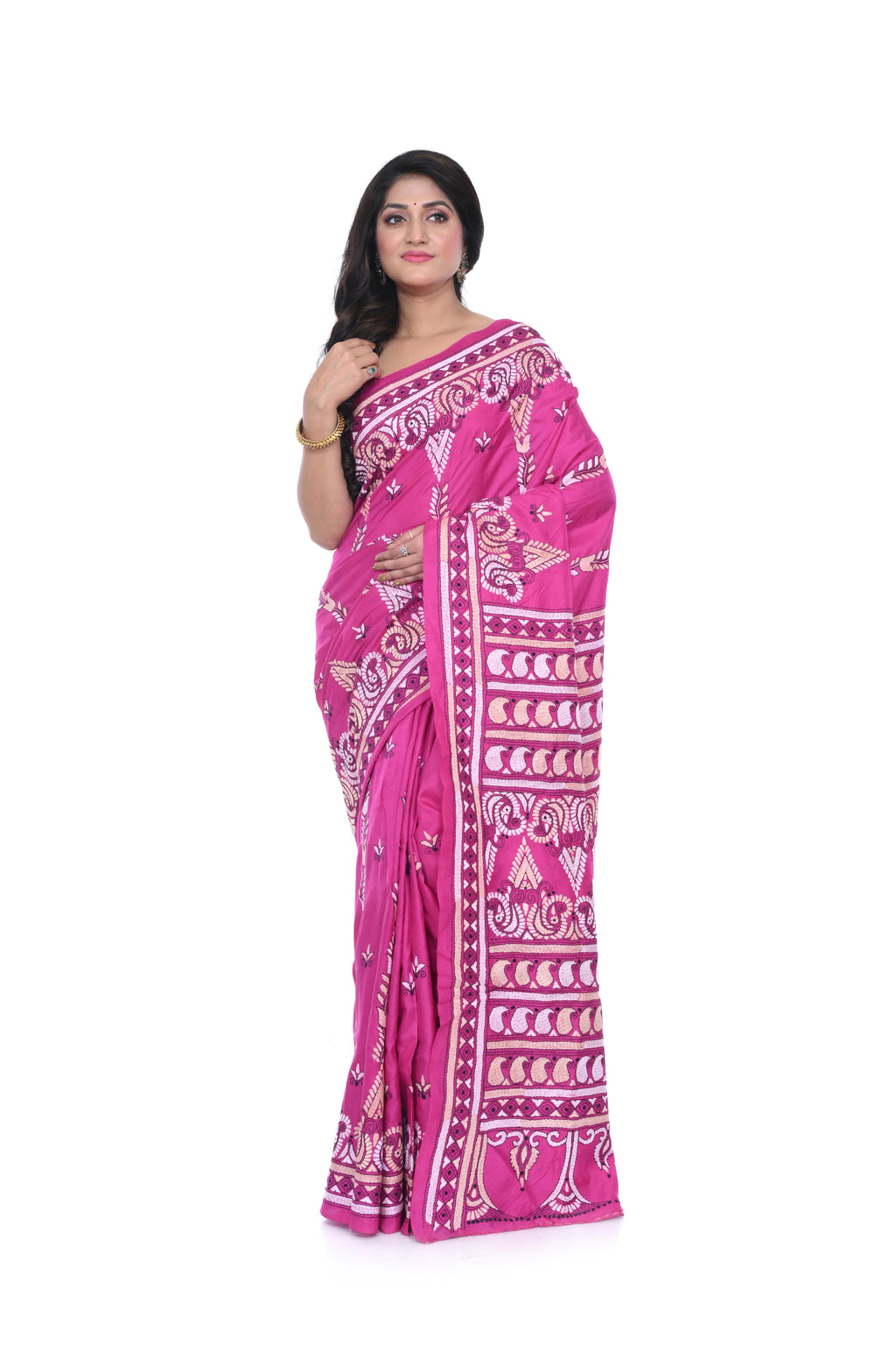 Pink Kantha Pure Silk Saree with Multi Thread Worked