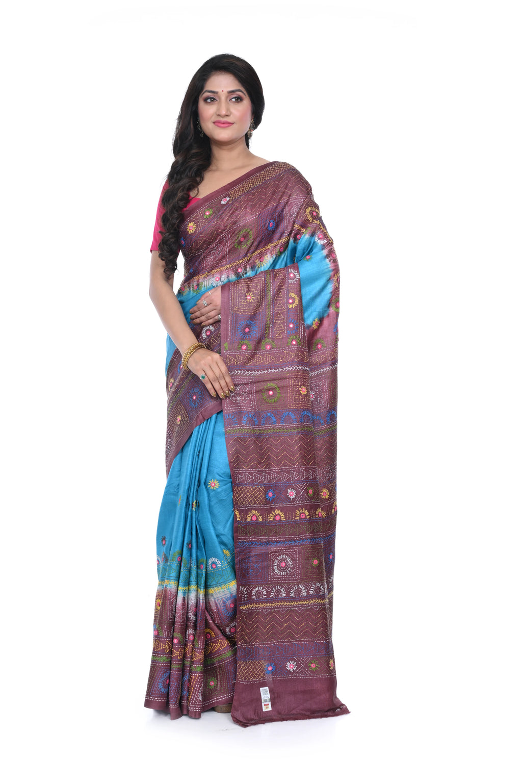 Firozi Blue Deep Brown Border Pure Tussar Saree with Hand Lumbani Worked