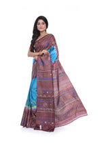 Firozi Blue Deep Brown Border Pure Tussar Saree with Hand Lumbani Worked