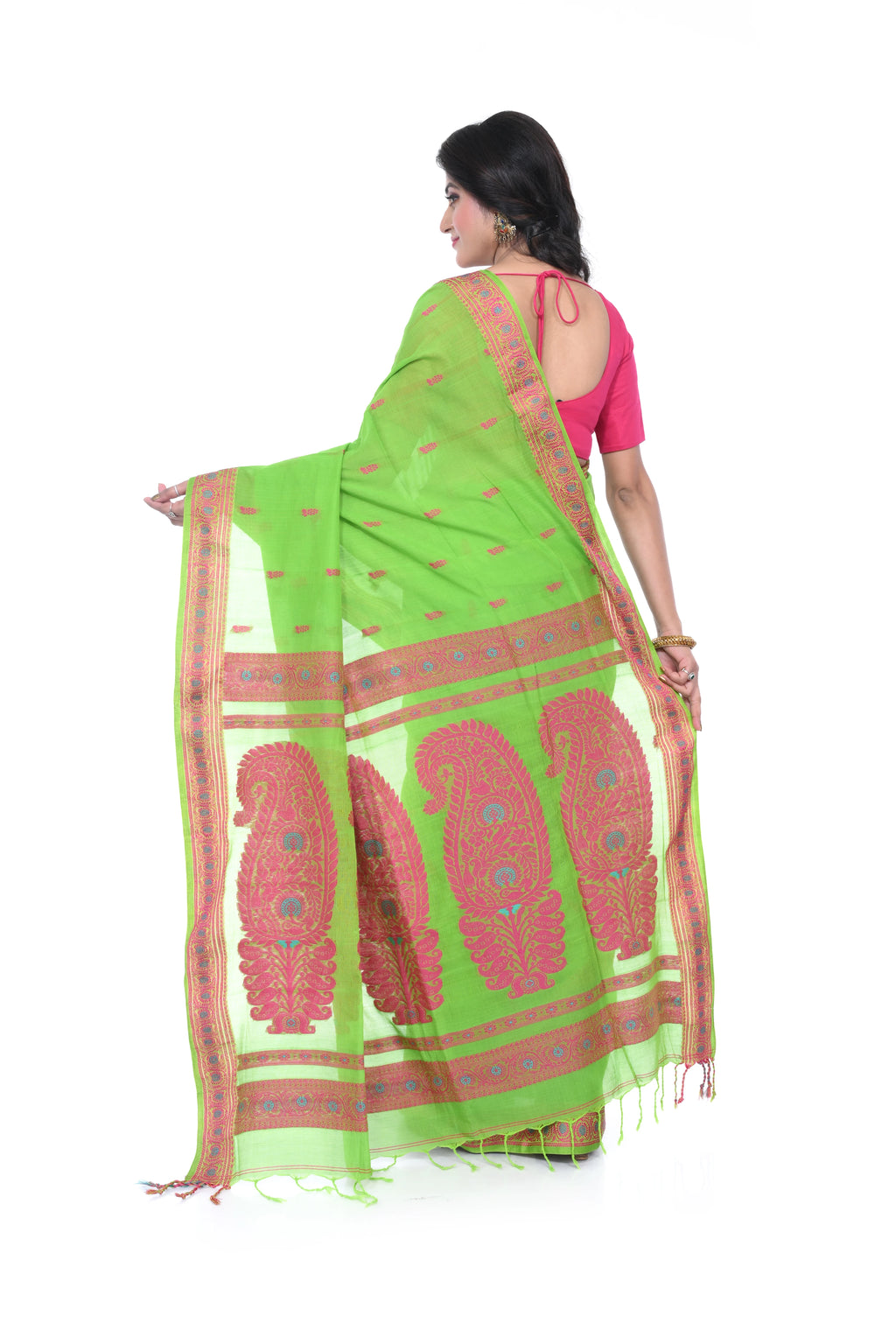 Parrot Green Cotton Baluchori Handloom Saree