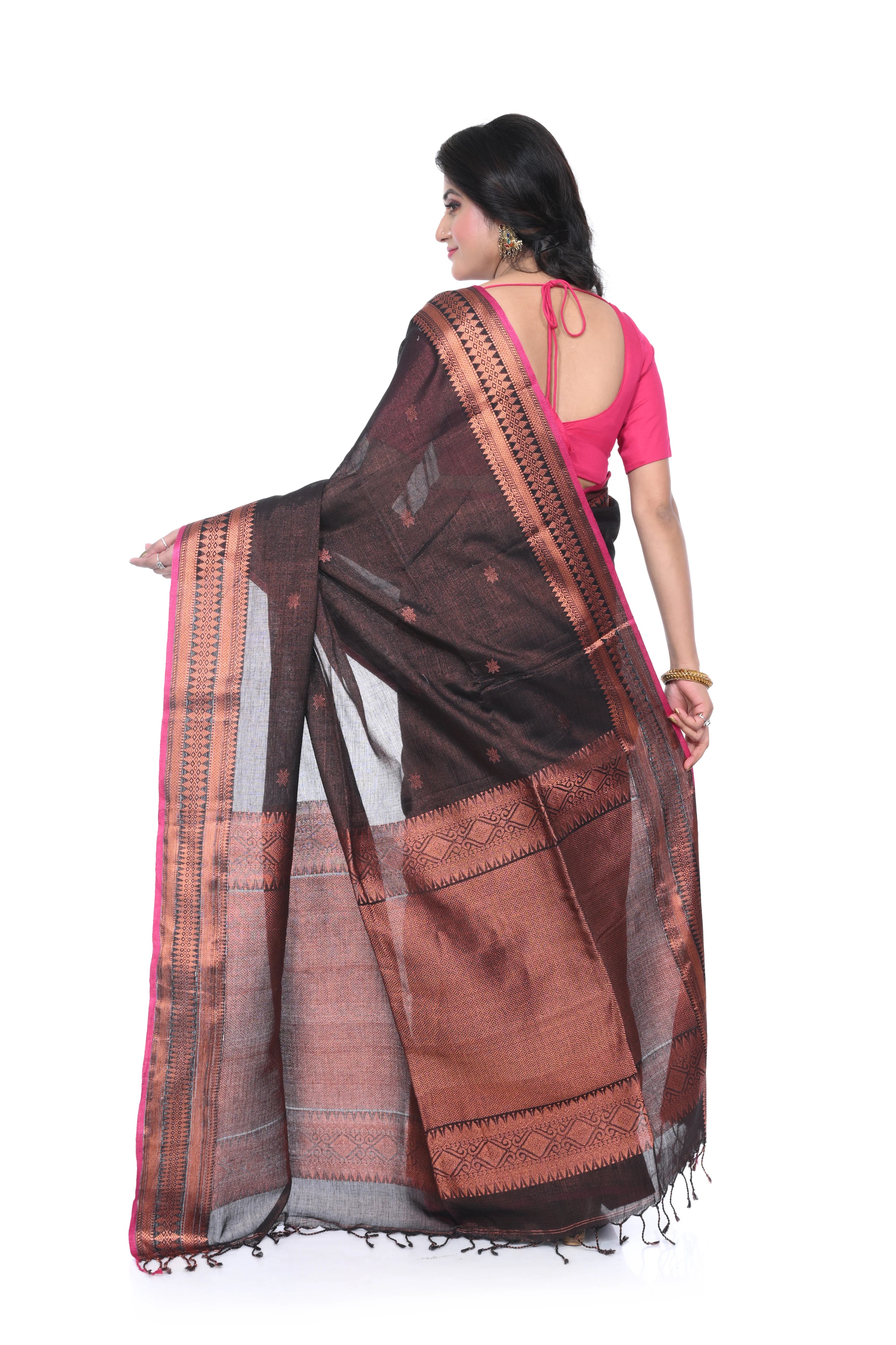 Handloom Copper Zari Weaving Saree with Border an Pallu