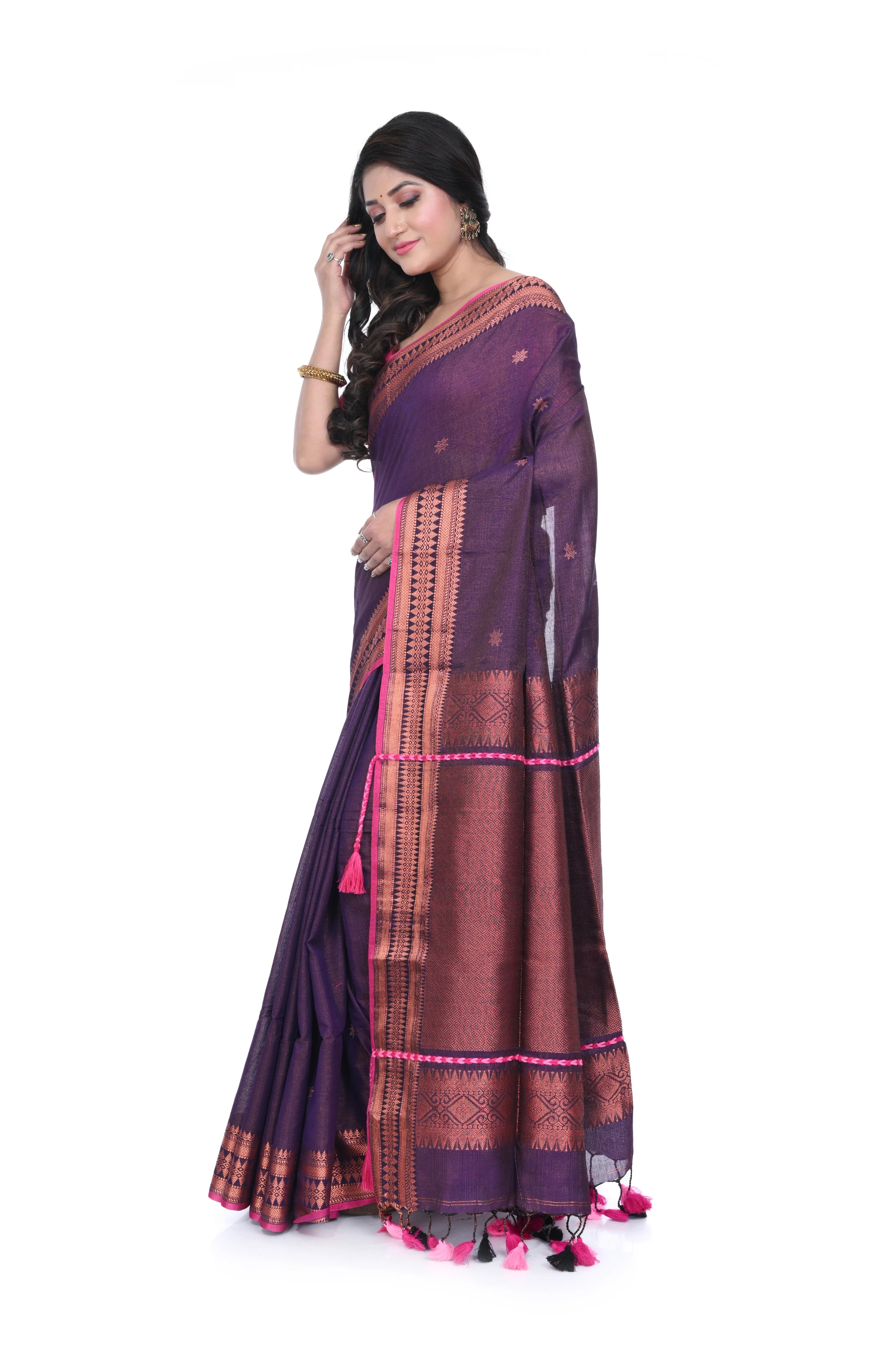 Wine Coloured Handloom Saree with Allover Zari Woven