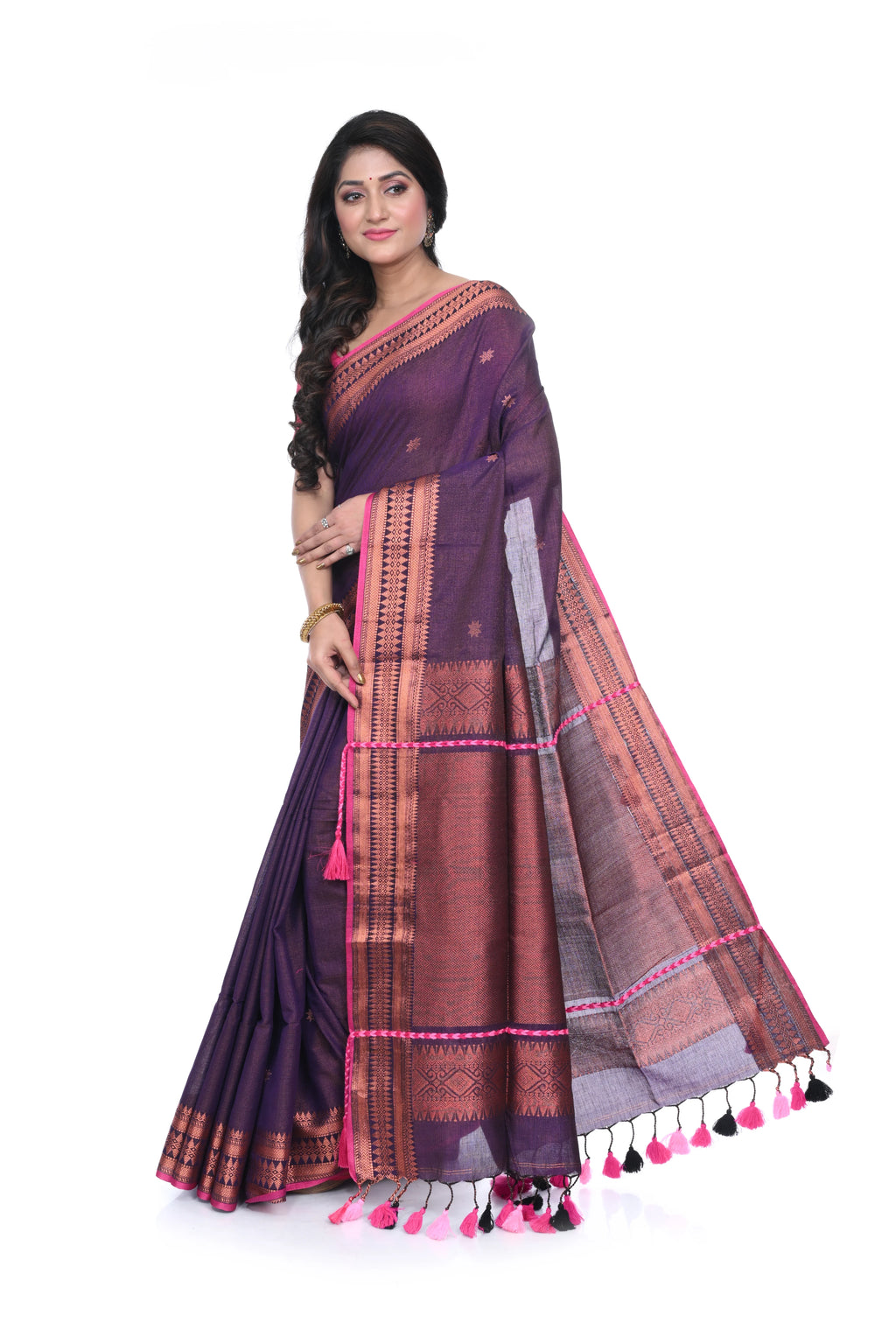 Wine Coloured Handloom Saree with Allover Zari Woven