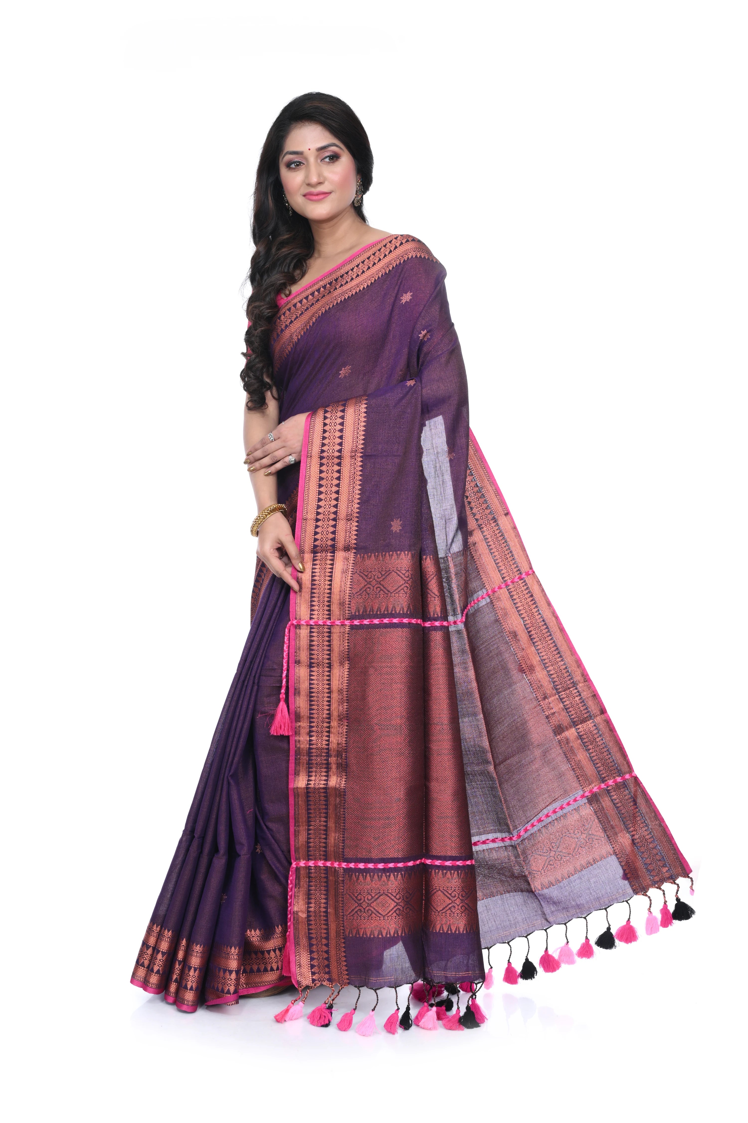 Wine Coloured Handloom Saree with Allover Zari Woven
