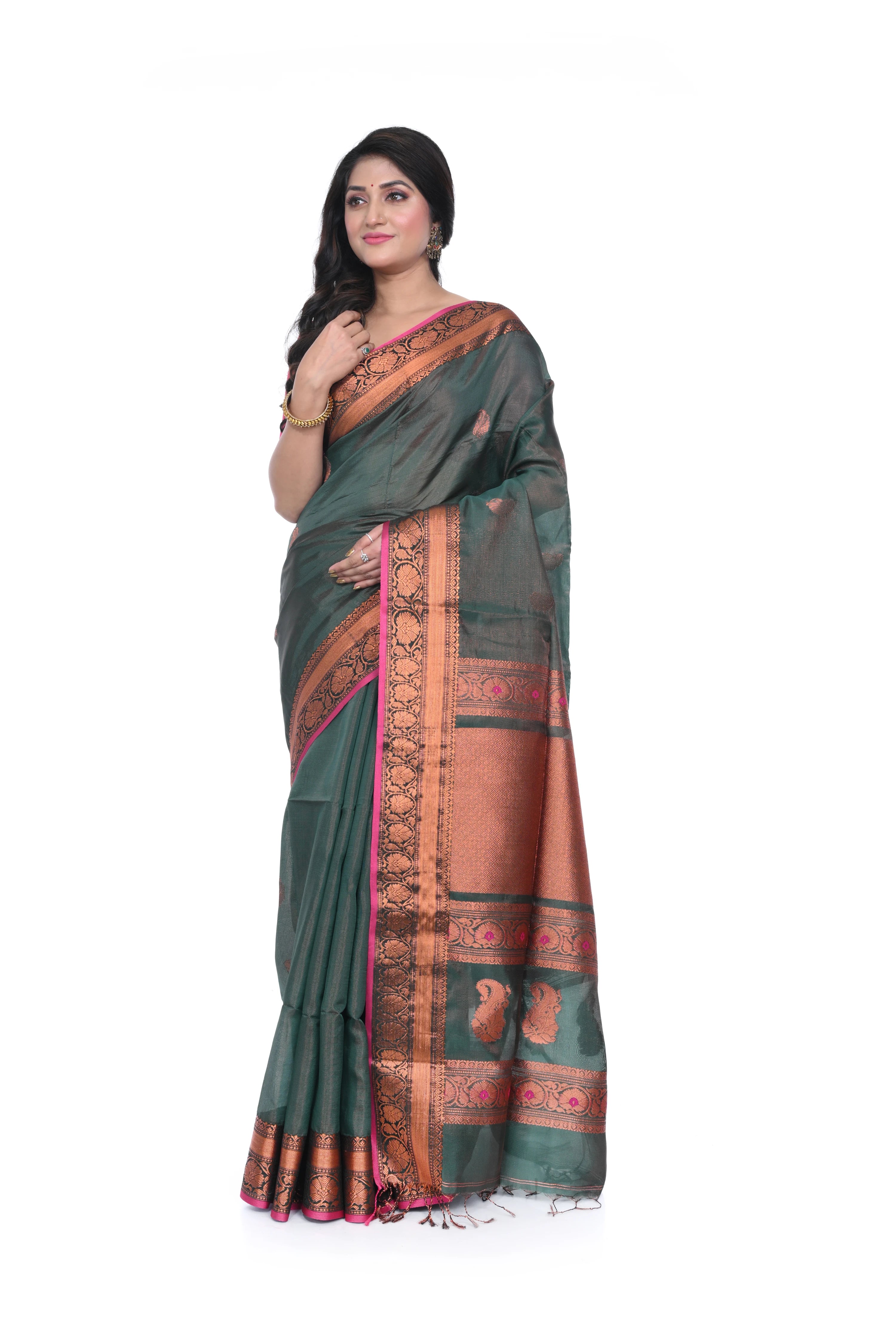 Panna Green Handloom Saree with Allover Zari Woven