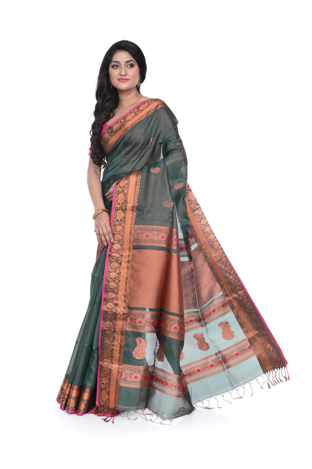 Panna Green Handloom Saree with Allover Zari Woven