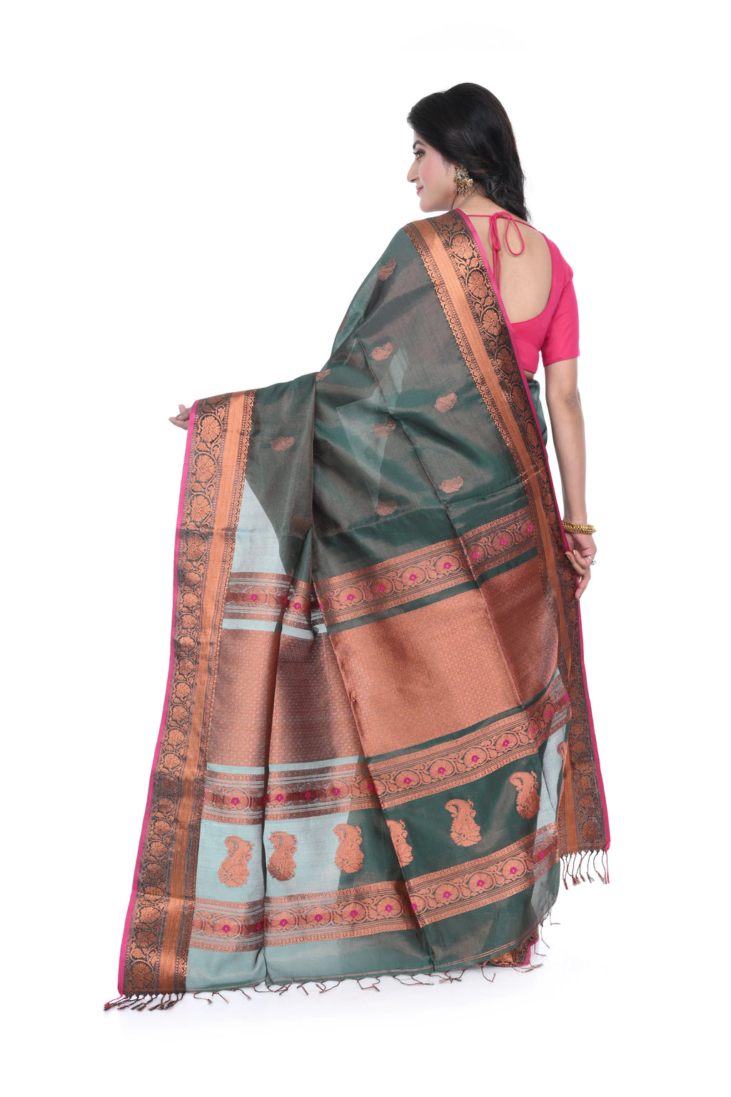 Panna Green Handloom Saree with Allover Zari Woven