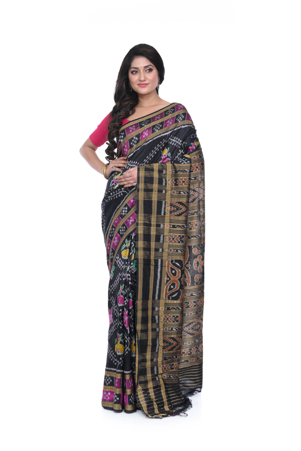 Black Coloured with Pink Lotus Motif Pure Khandua Silk Saree