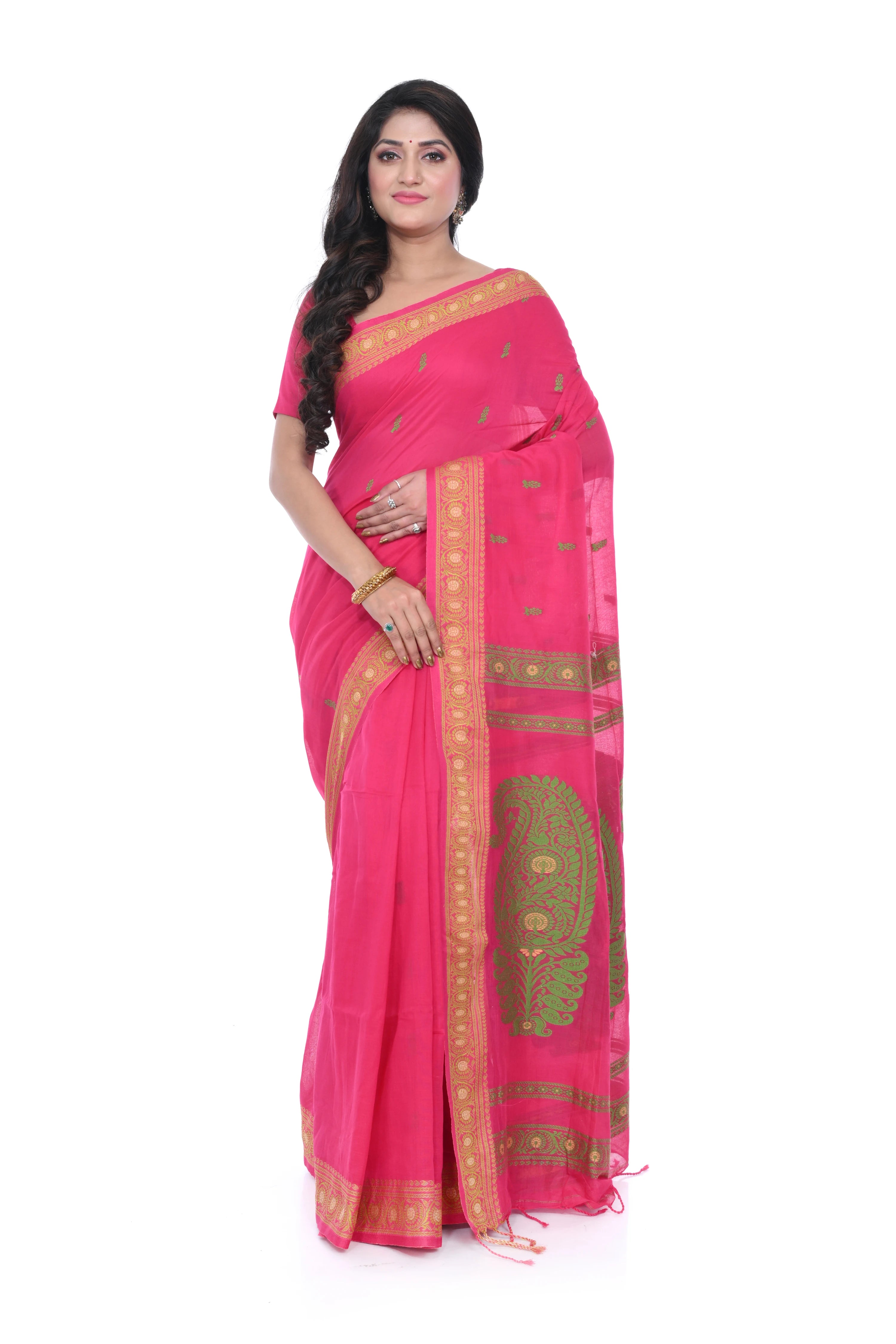 Pink Cotton Baluchori Saree with Green Motif