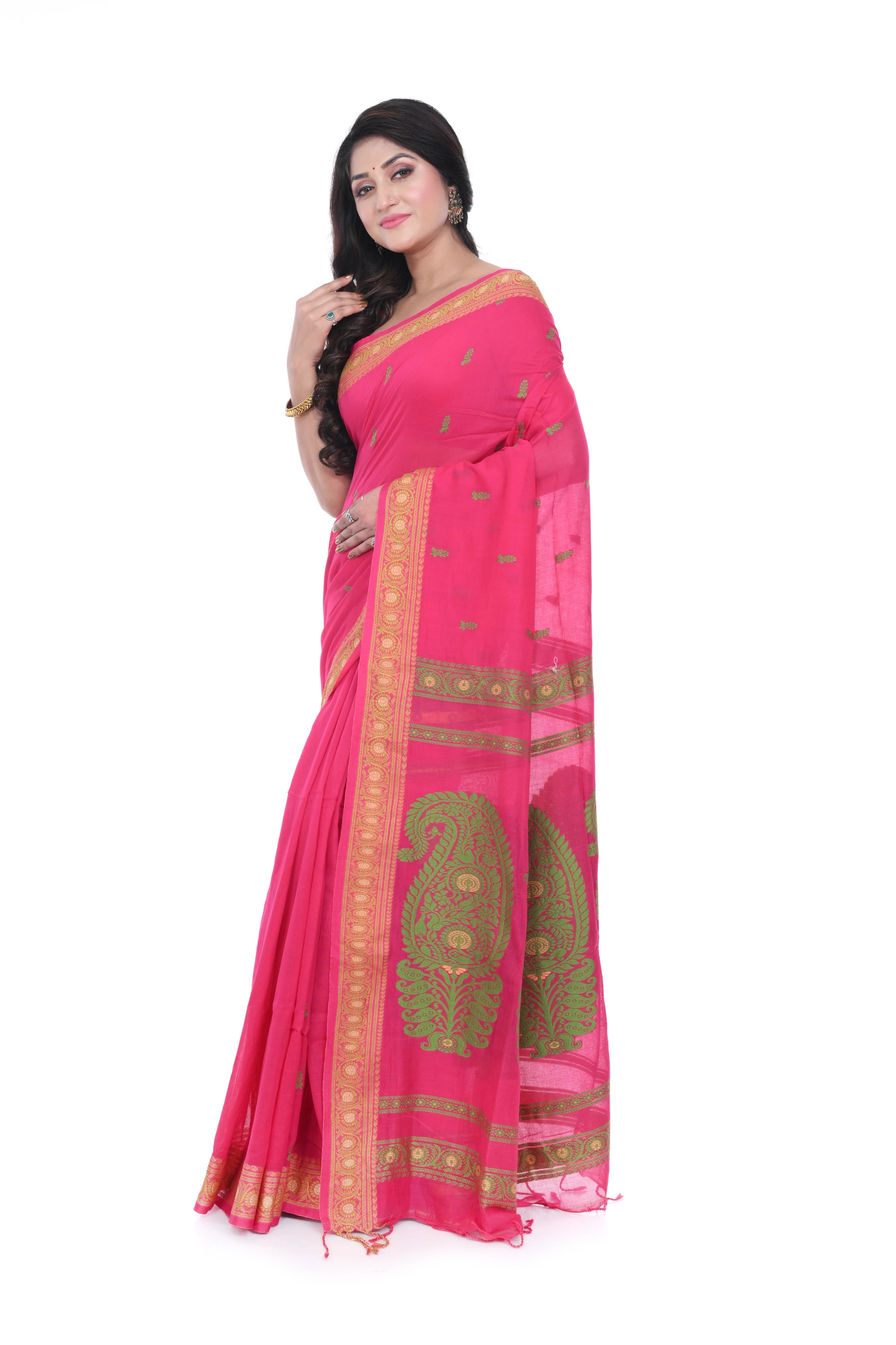 Pink Cotton Baluchori Saree with Green Motif