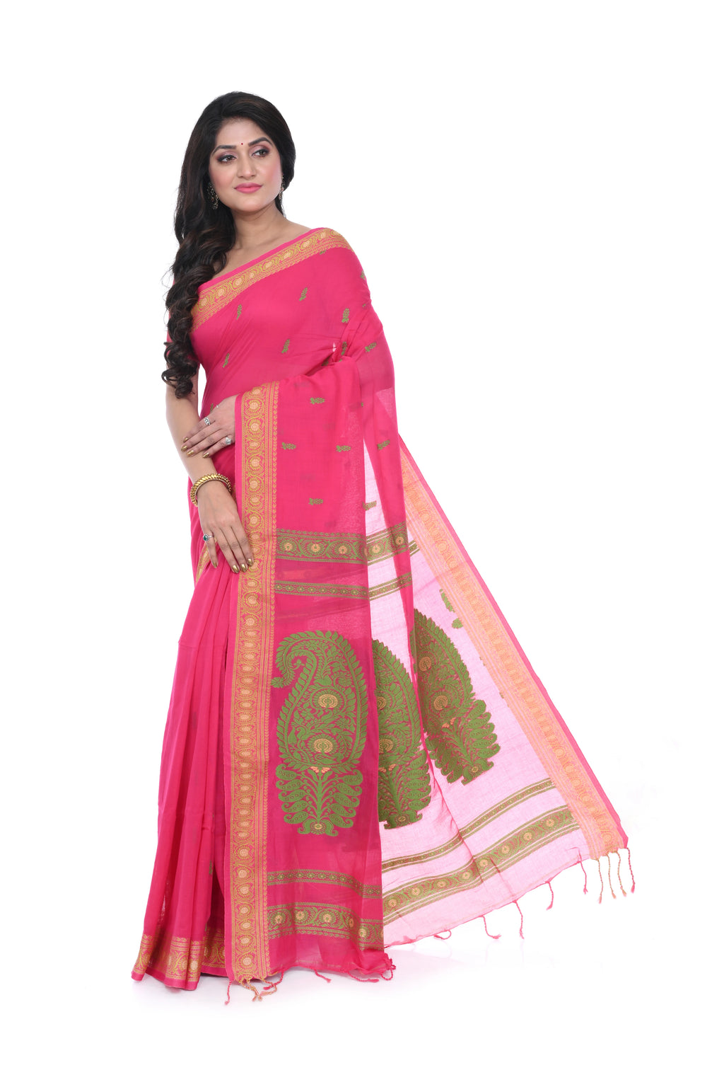 Pink Cotton Baluchori Saree with Green Motif