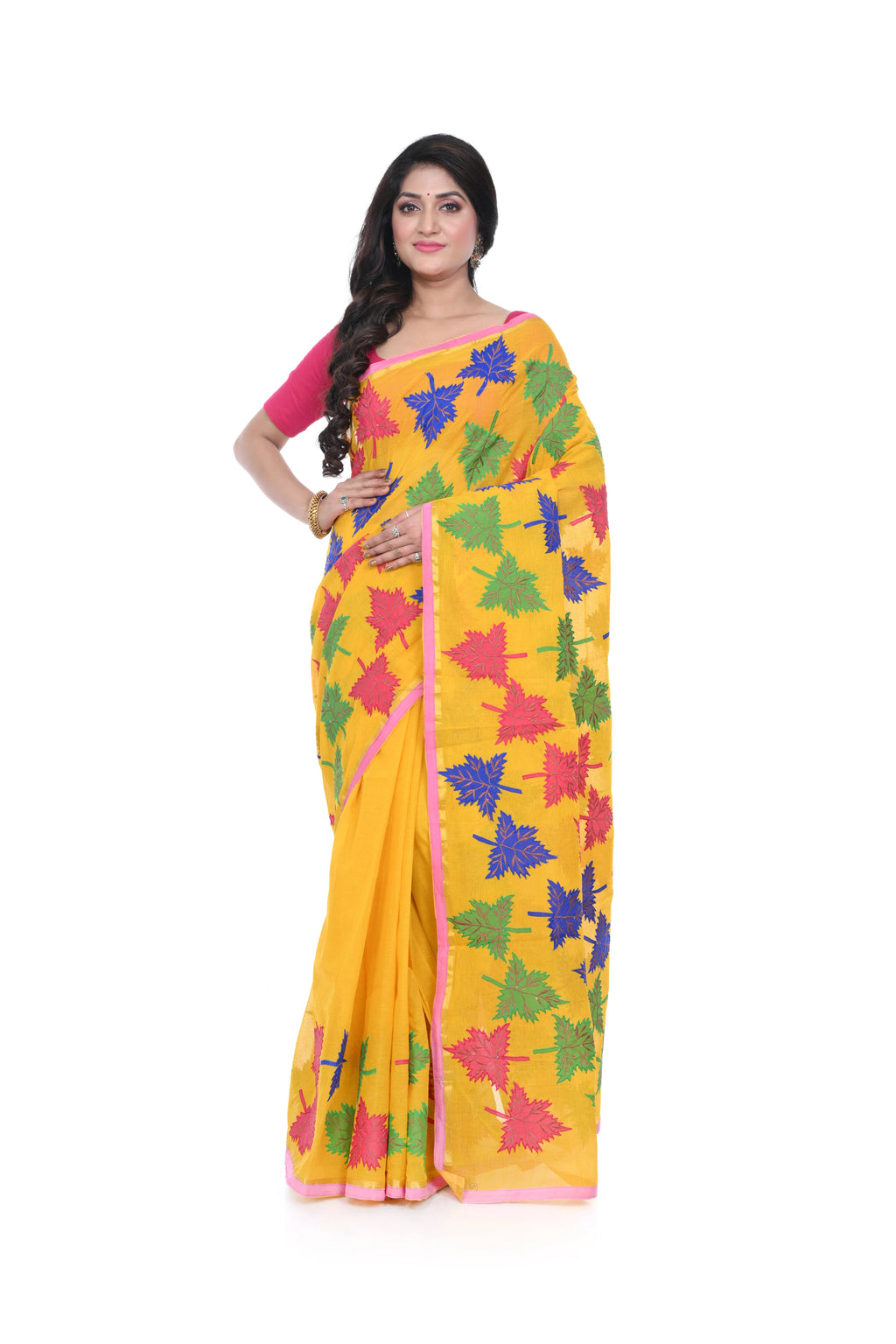 Yellow Cotton with Apple Leaf Applique Saree