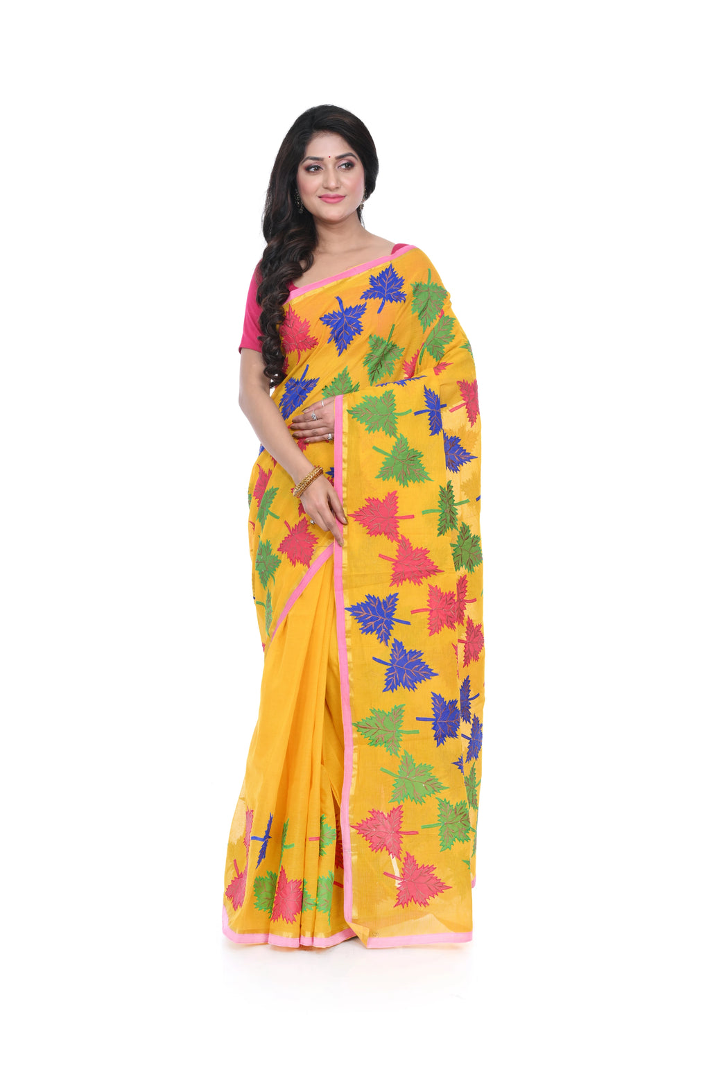Yellow Cotton with Apple Leaf Applique Saree