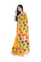 Yellow Cotton with Apple Leaf Applique Saree