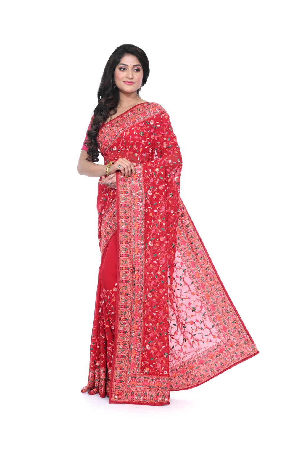 Red Georgette Saree with Kashmiri Worked