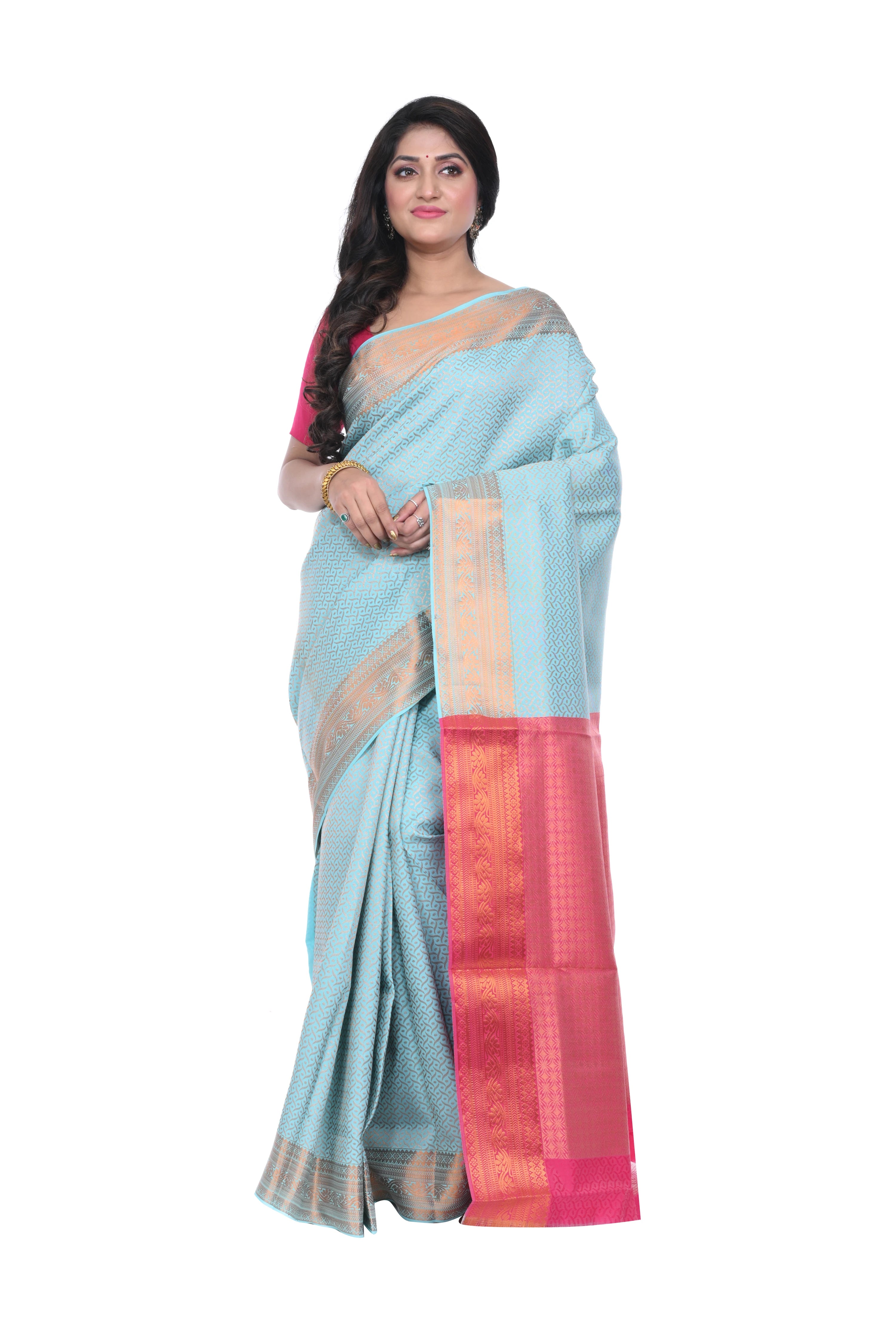 Sky Blue Pattu Saree with Pink Border