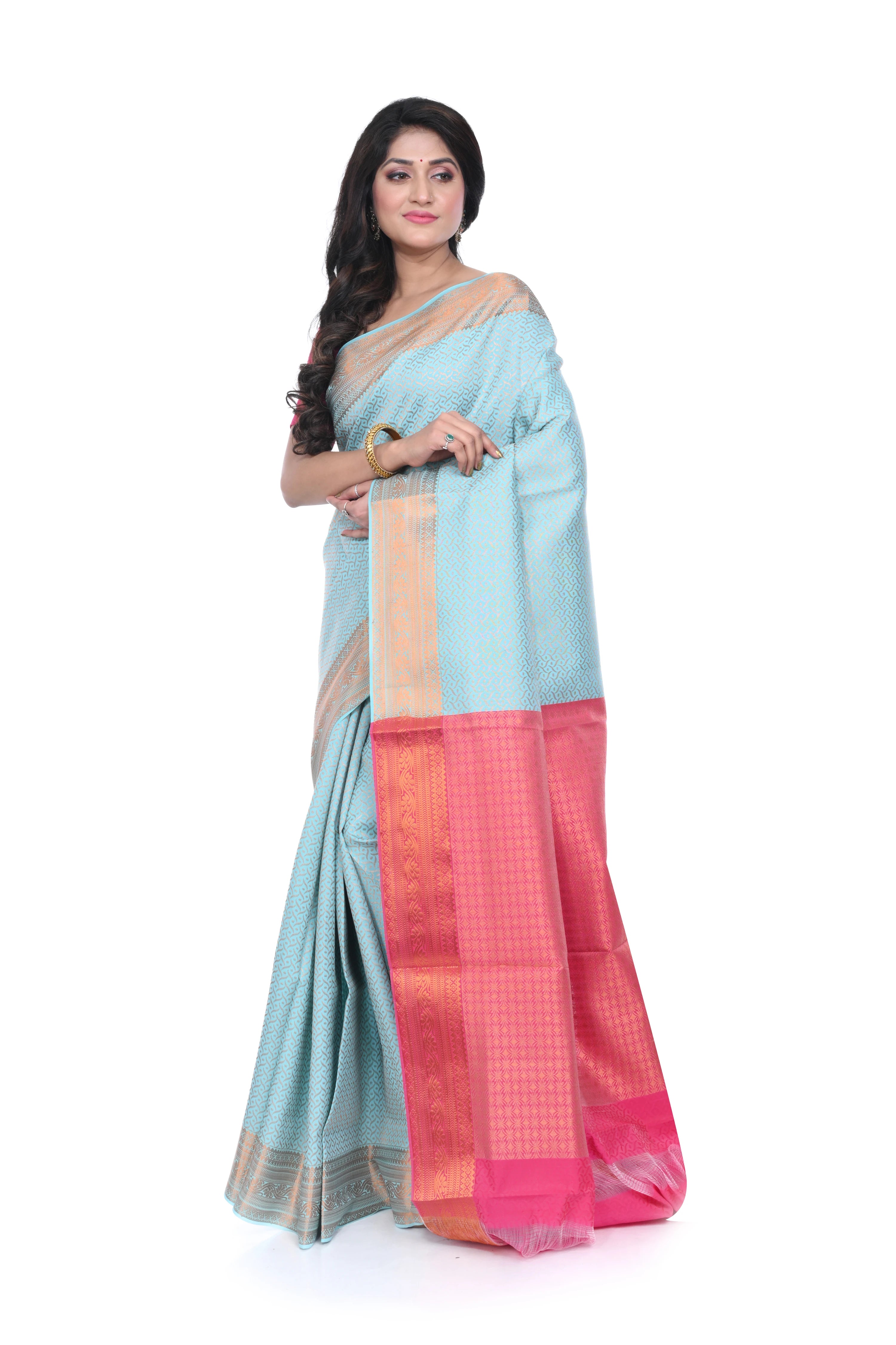 Sky Blue Pattu Saree with Pink Border