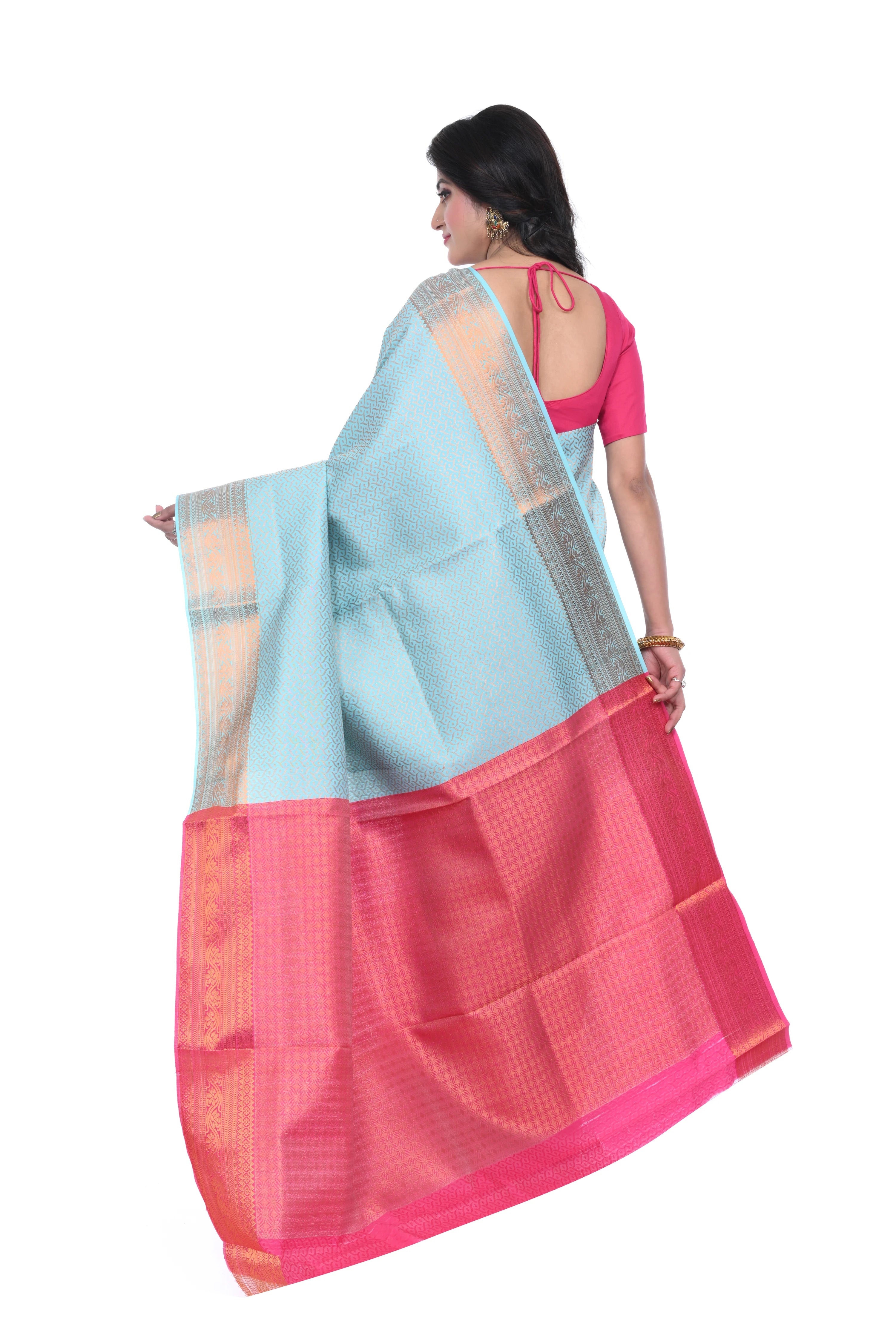 Sky Blue Pattu Saree with Pink Border