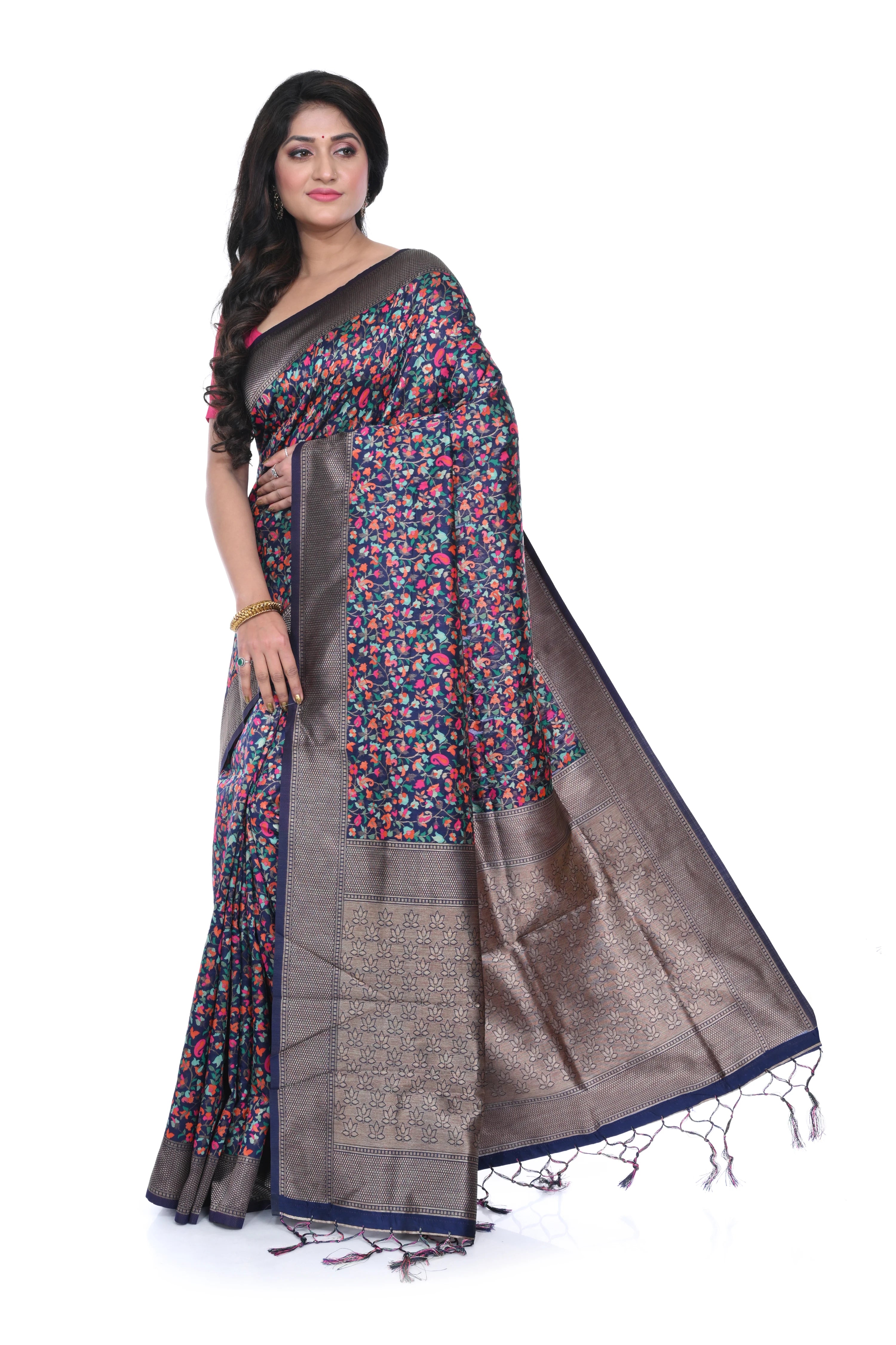 Ajrakh Print Russian Silk Saree with Zari Border