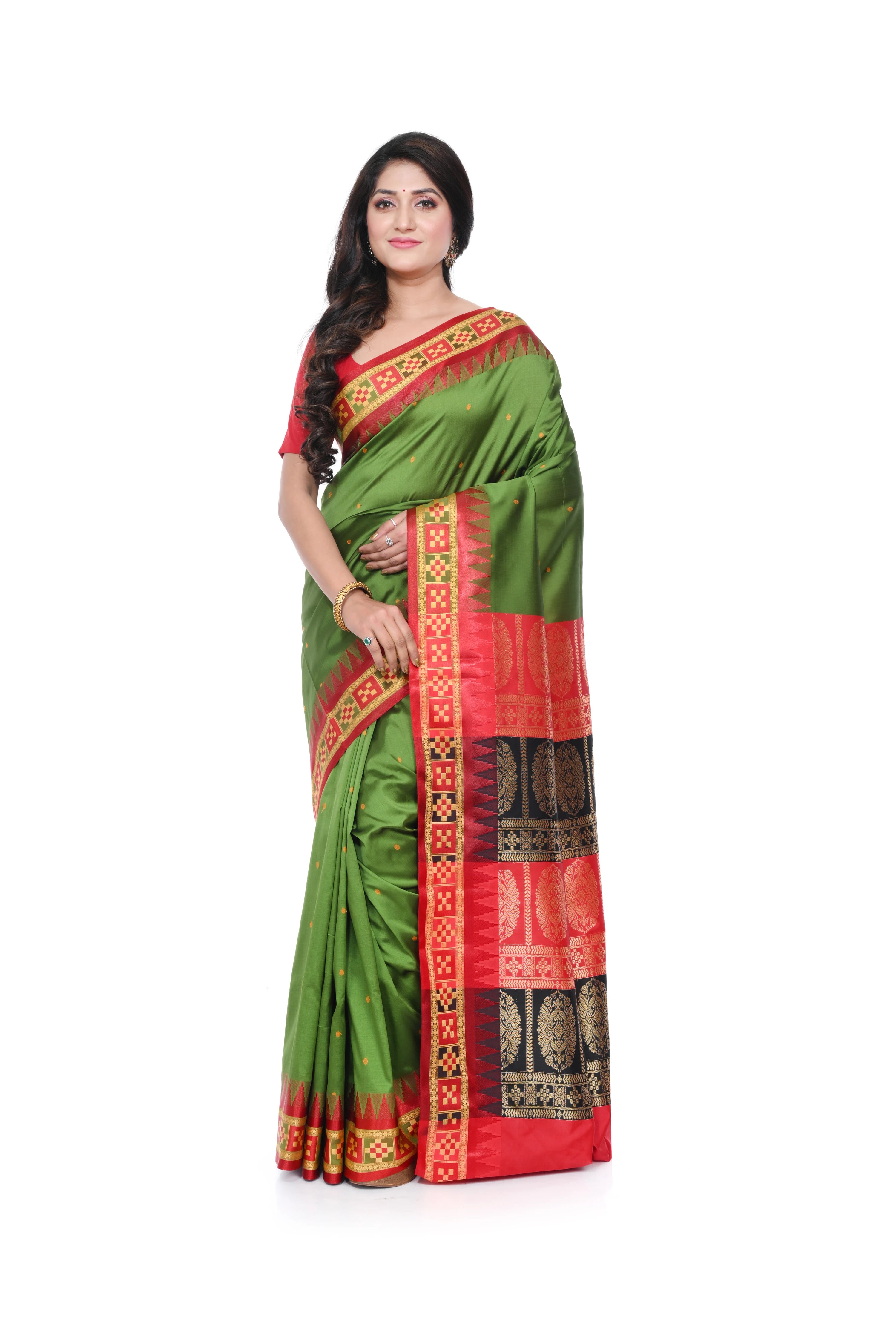 Sambalpuri Silk Replica Saree with Double Pallu Green Coloured