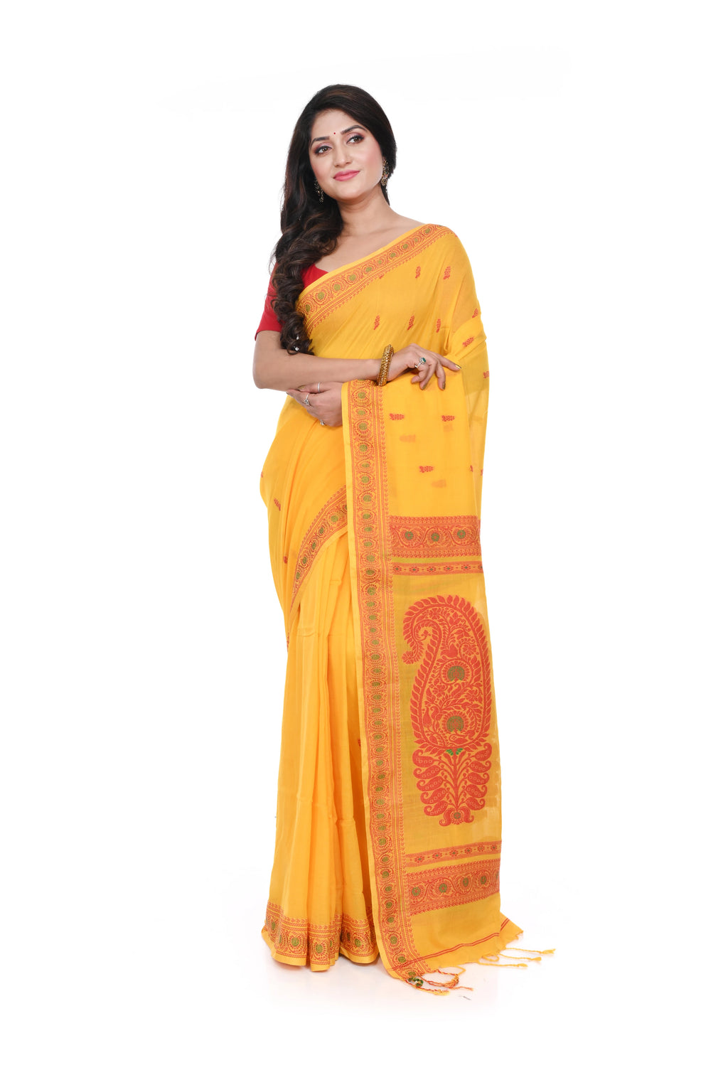 Yellow Cotton Baluchori Saree with Red Border and Pallu