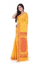 Yellow Cotton Baluchori Saree with Red Border and Pallu