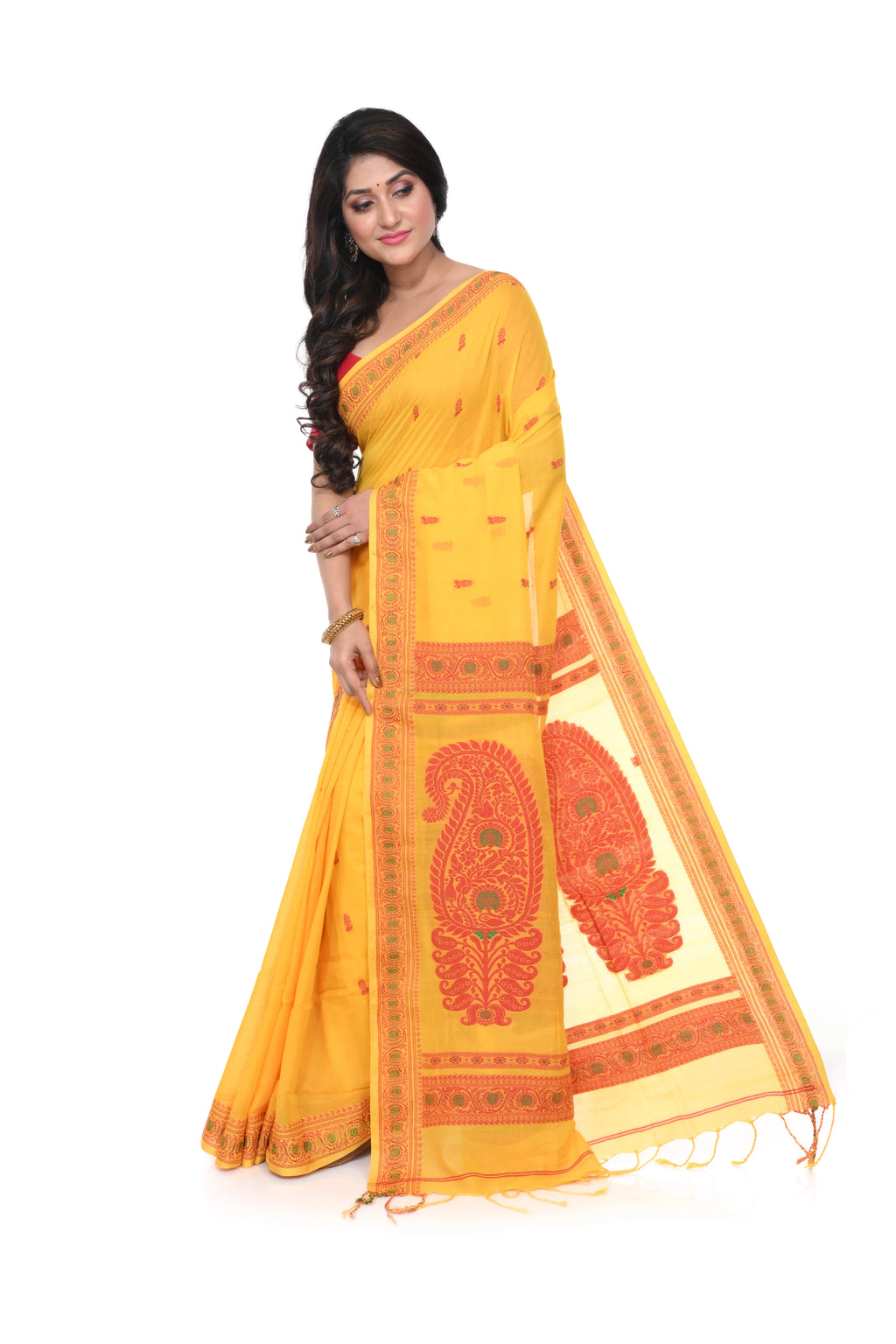 Yellow Cotton Baluchori Saree with Red Border and Pallu