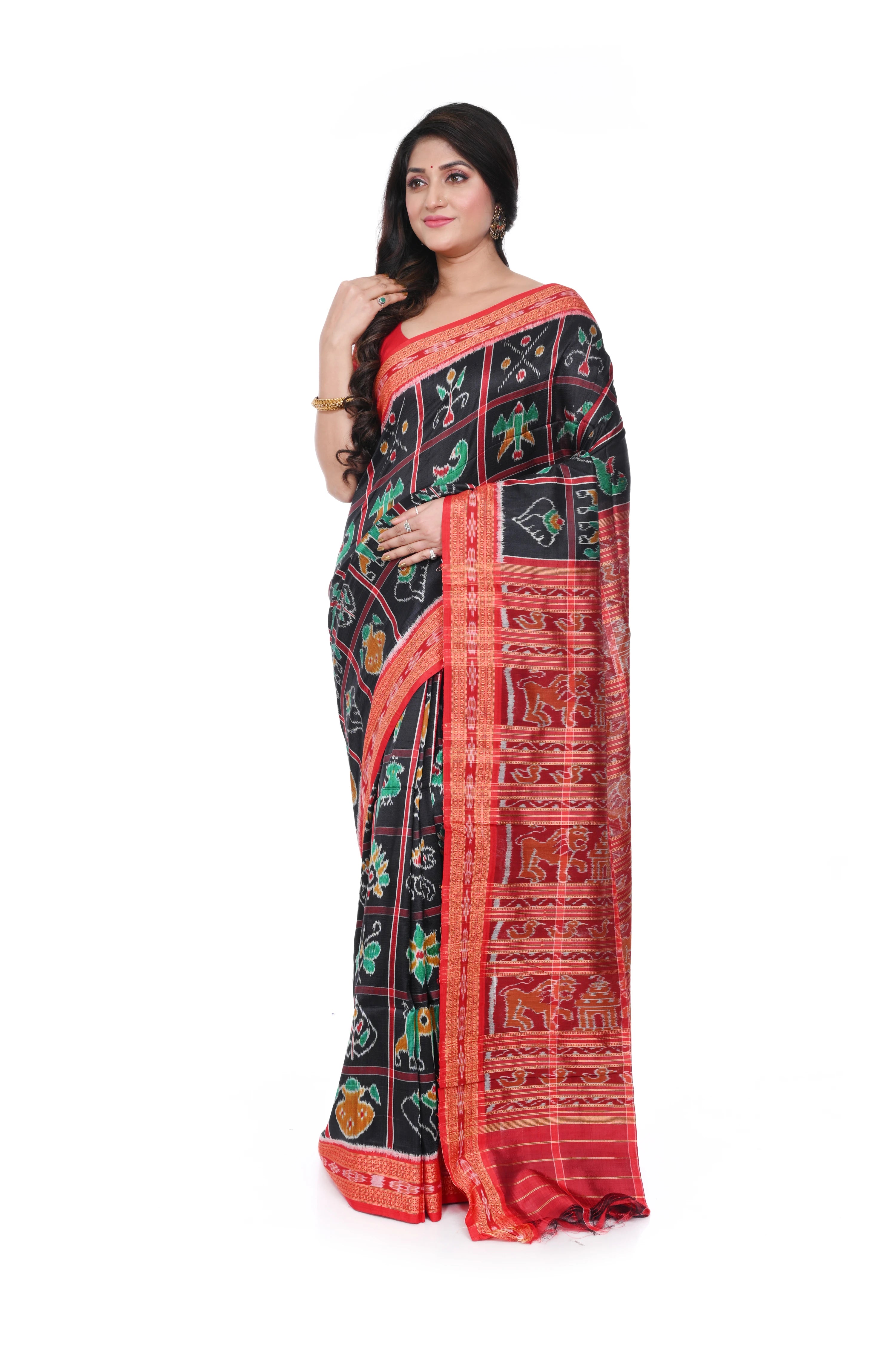 Black Coloured Nabakothi Khandua Silk Saree with Red Border and Pallu.