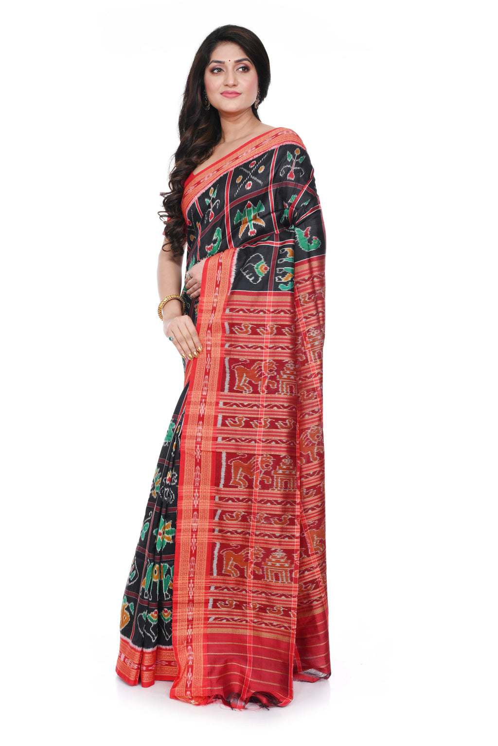 Black Coloured Nabakothi Khandua Silk Saree with Red Border and Pallu.