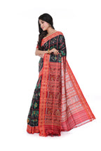 Black Coloured Nabakothi Khandua Silk Saree with Red Border and Pallu.