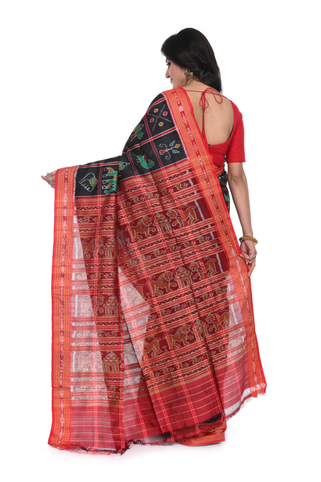 Black Coloured Nabakothi Khandua Silk Saree with Red Border and Pallu.