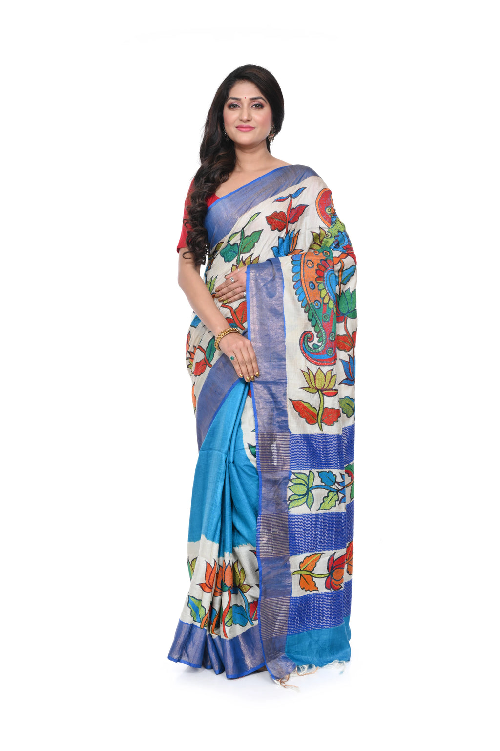 Pure Zari Border Tussar Paint Kantha Saree with Tarquish Blue Coloured