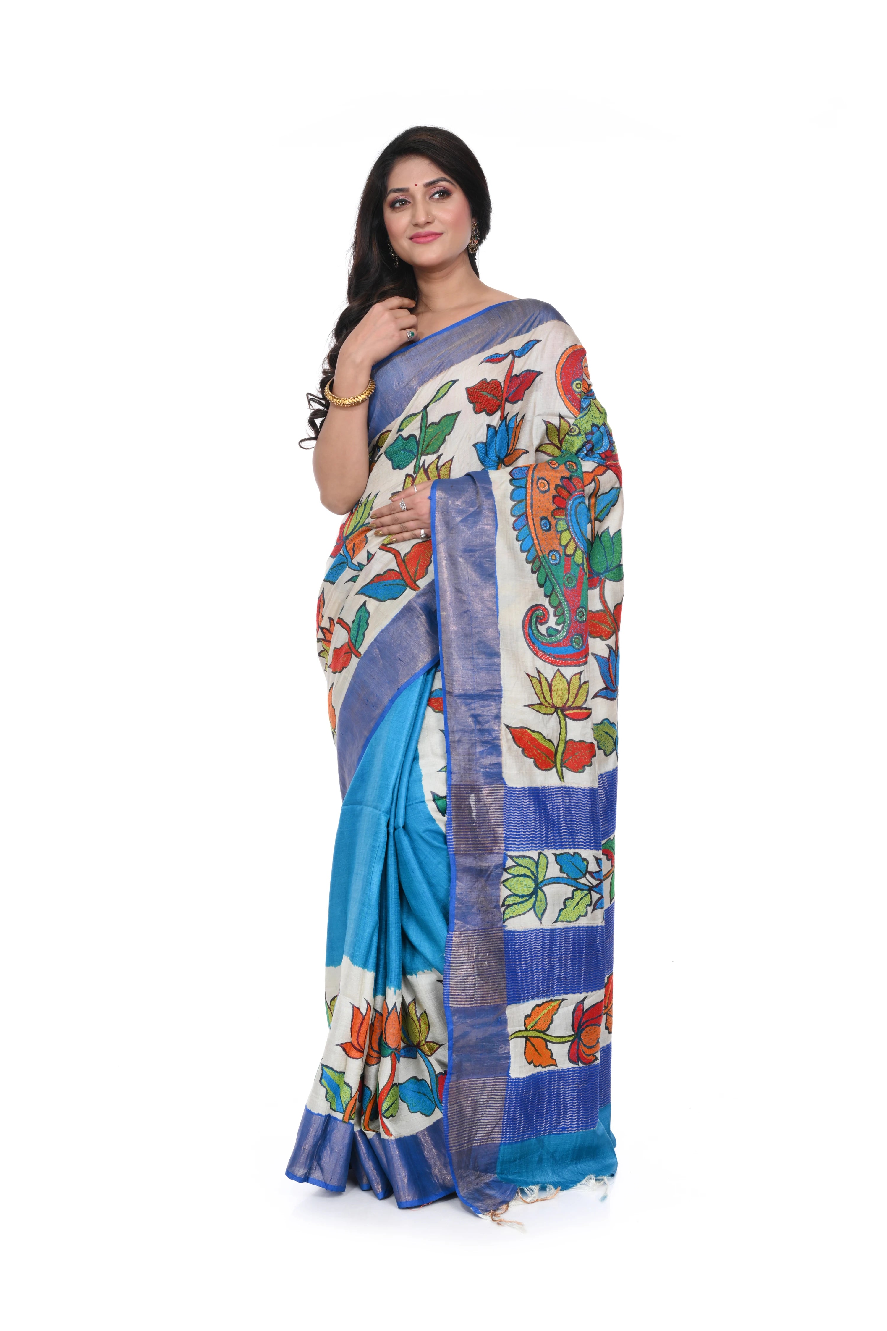 Pure Zari Border Tussar Paint Kantha Saree with Tarquish Blue Coloured