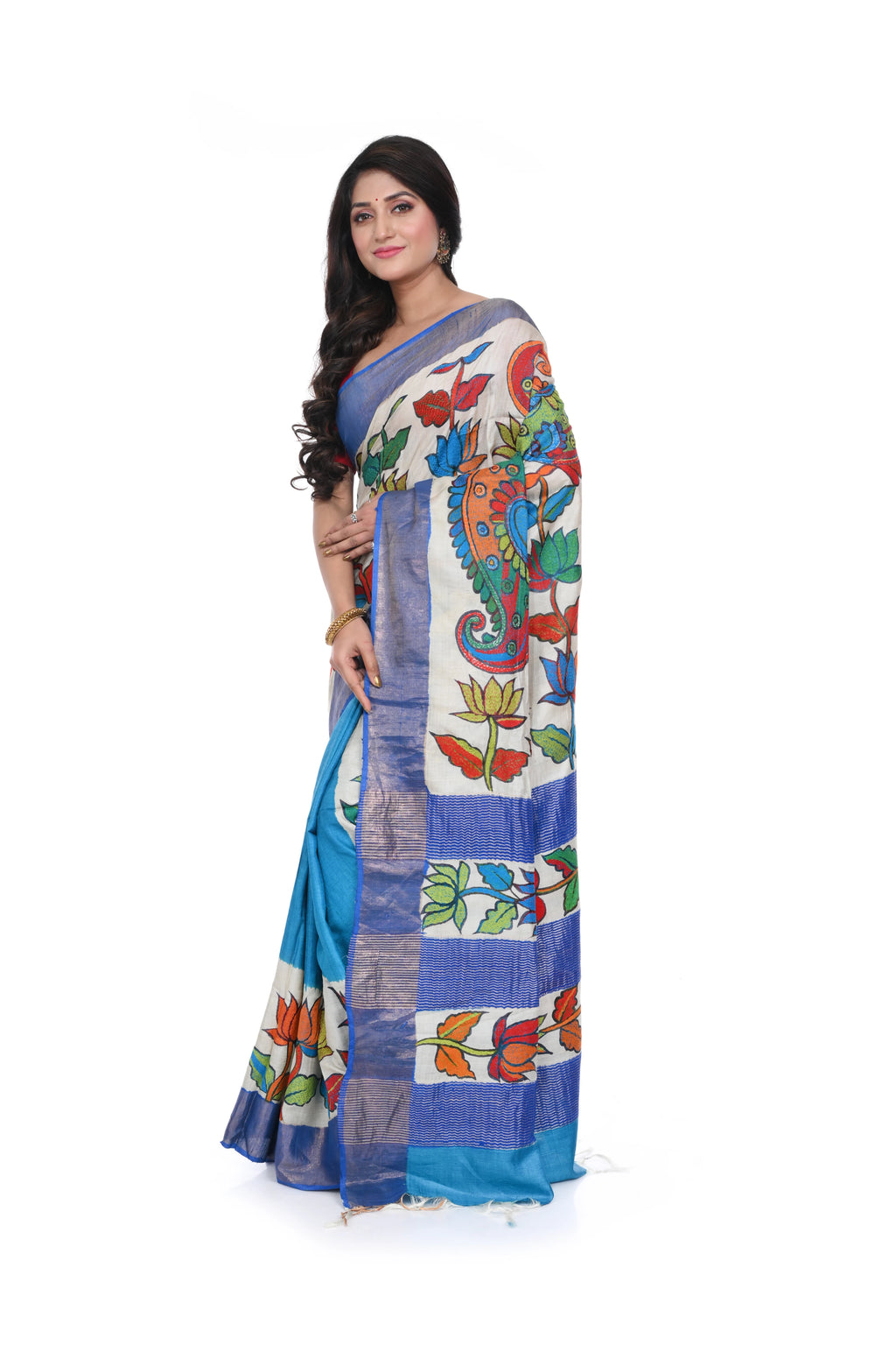 Pure Zari Border Tussar Paint Kantha Saree with Tarquish Blue Coloured